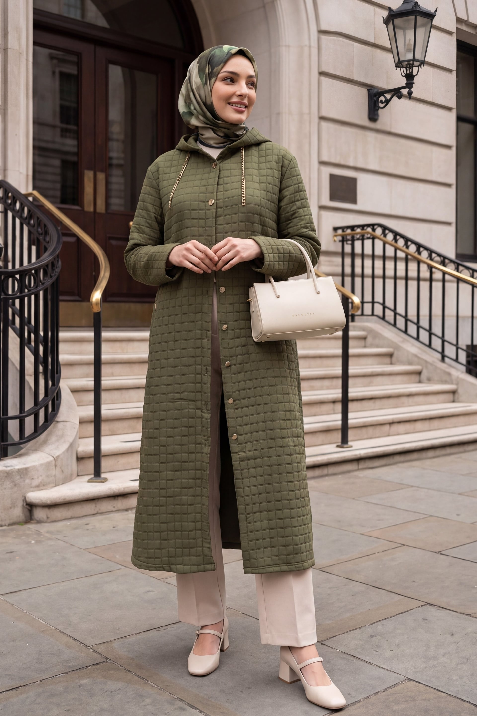 Long Quilted Jacket with Chain Collar Detail - Olive Green - Podyumplus - by Peralane - photo 5