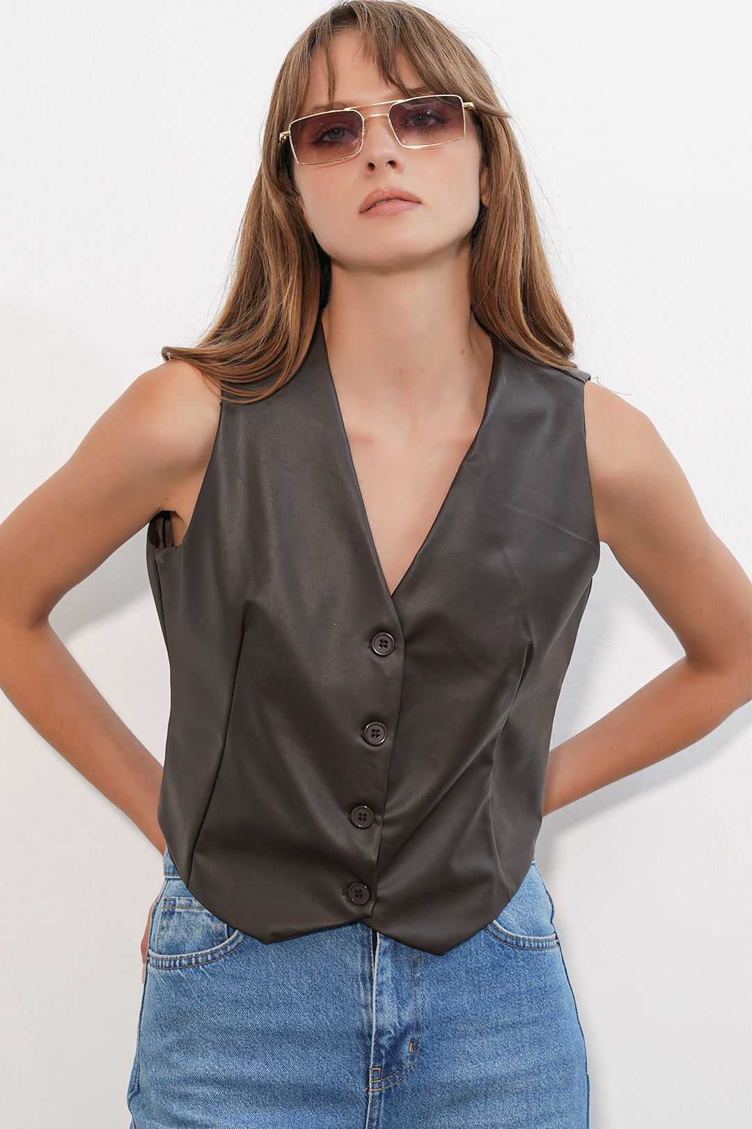 Short Faux Leather Vest - Brown - Bigdart - by Peralane