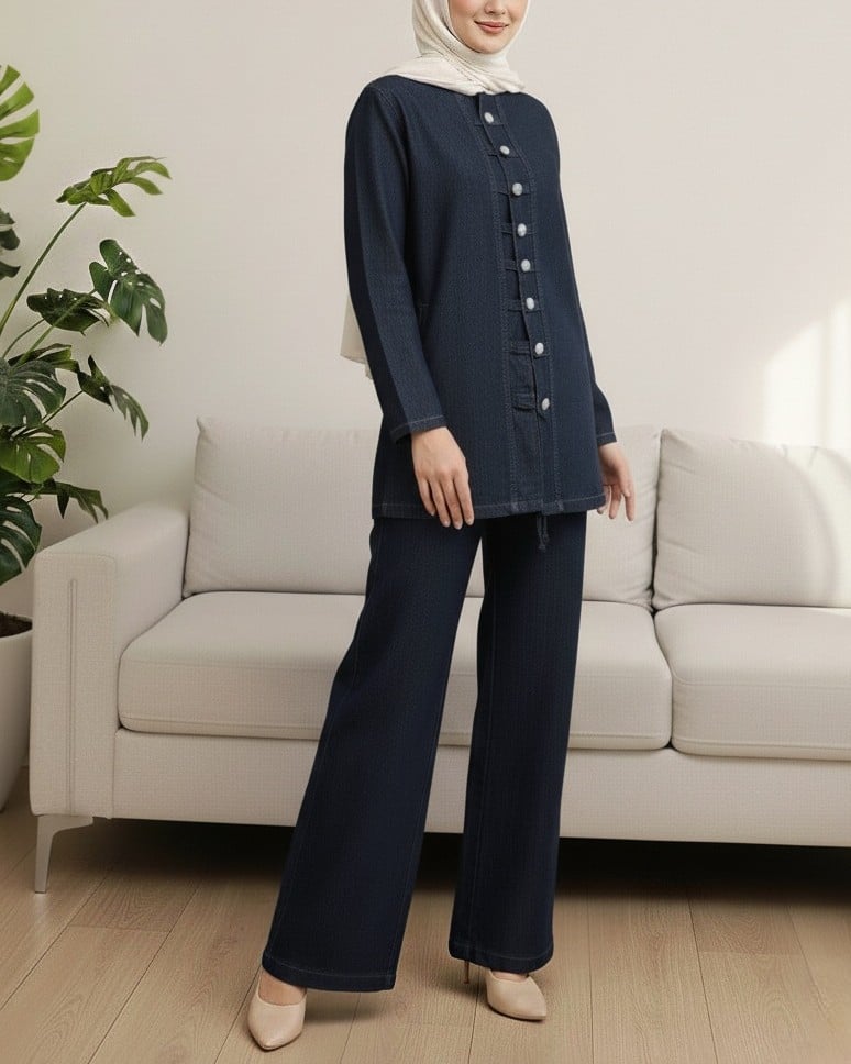 Button-Front Denim Tunic and Wide-Leg Trousers Set - Navy - Podyumplus - by Peralane - photo 2
