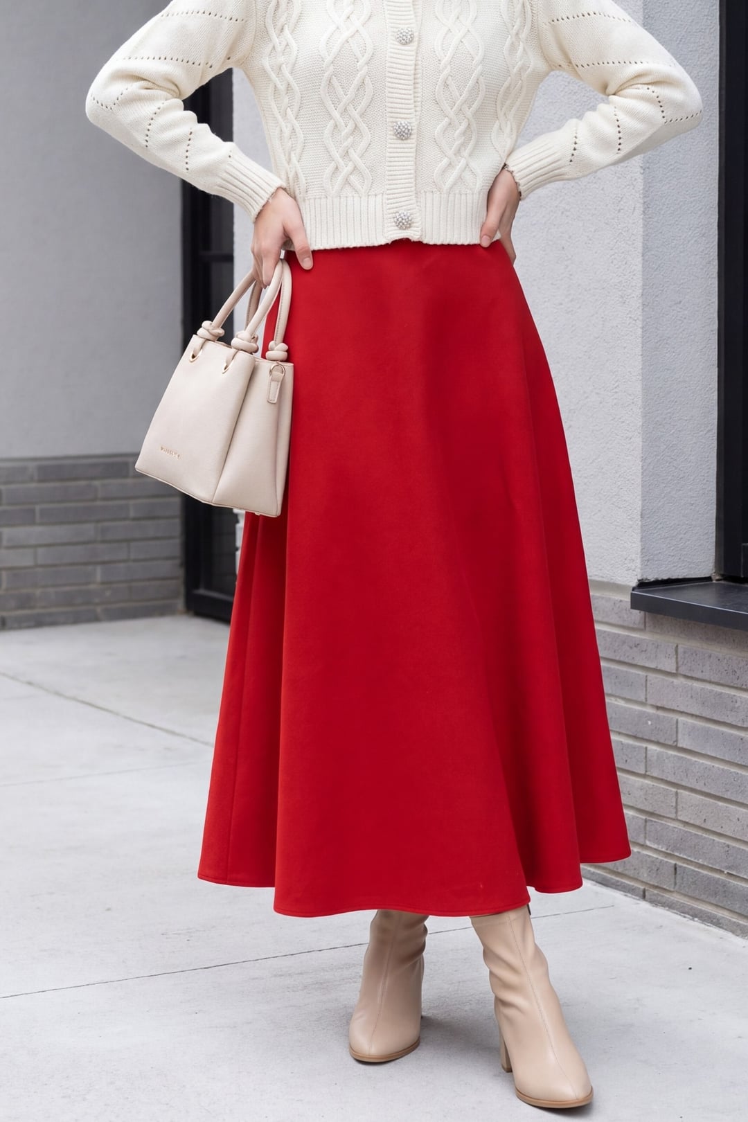 Zippered Wool Blend Flared Skirt - Red - Podyumplus - by Peralane