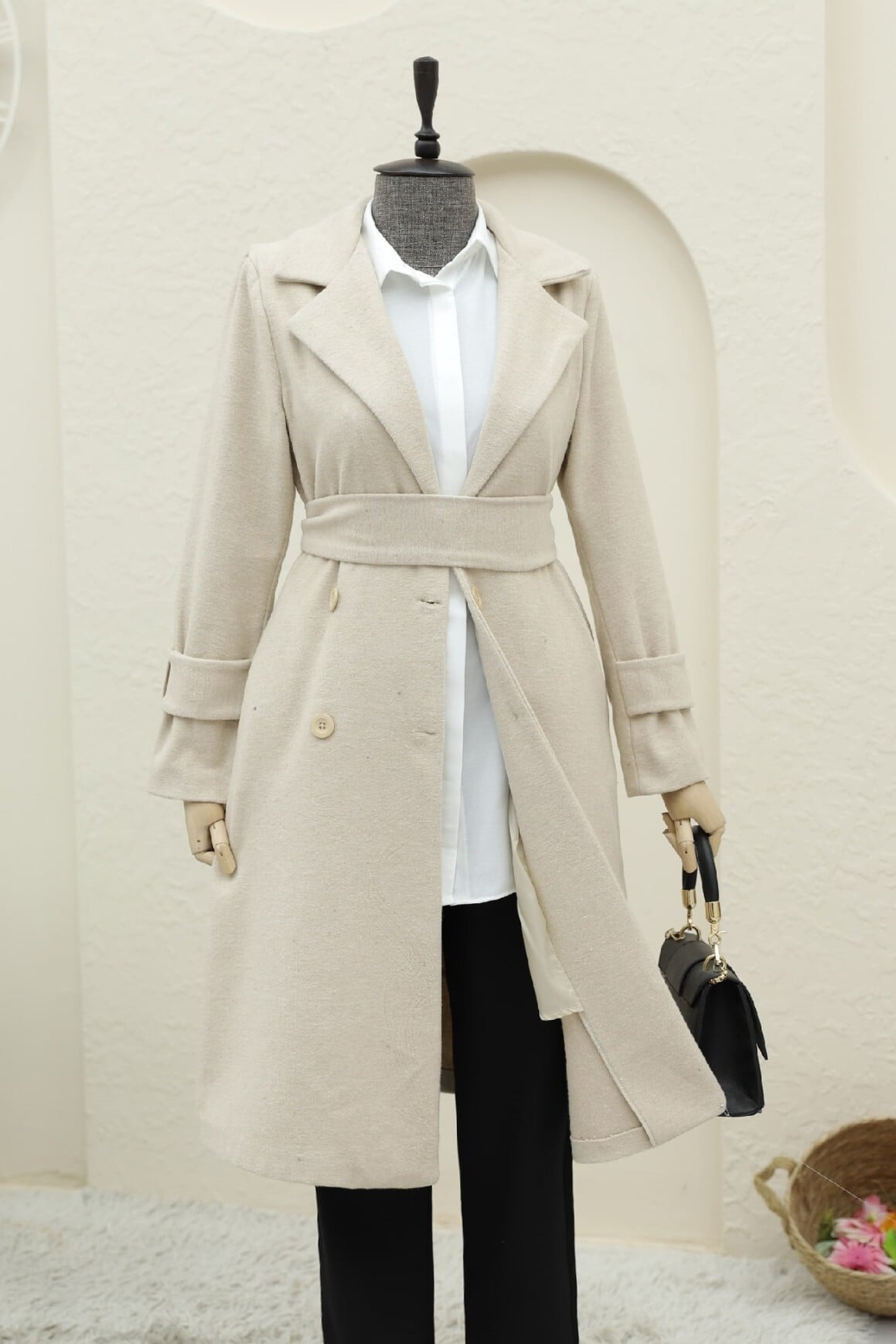 Beige Belted Cashmere Blend Coat with Back Bolero Detail - Podyumplus - by Peralane - photo 3