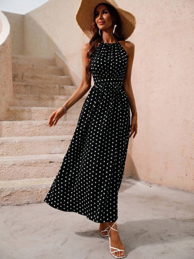 Women's Halter Neck Polka Dot Long Crepe Dress - Janes - by Peralane - photo 4
