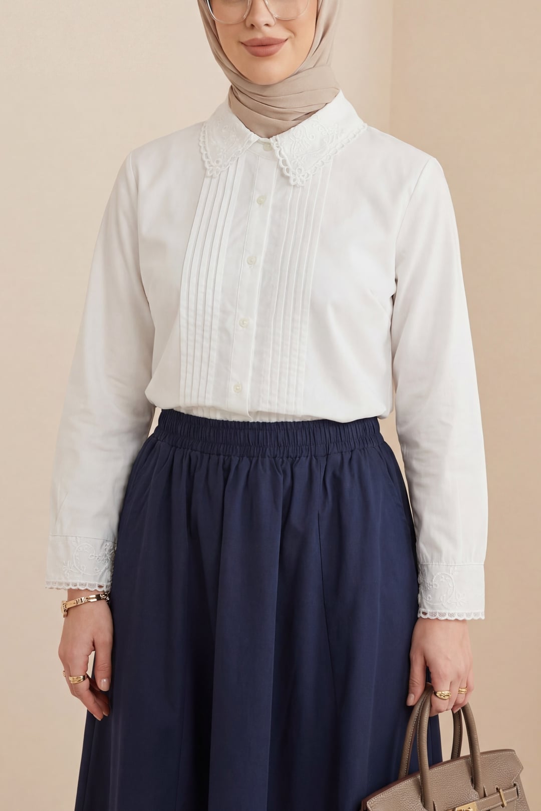 White Scalloped Collar Pleated Button Blouse - Podyumplus - by Peralane - photo 5