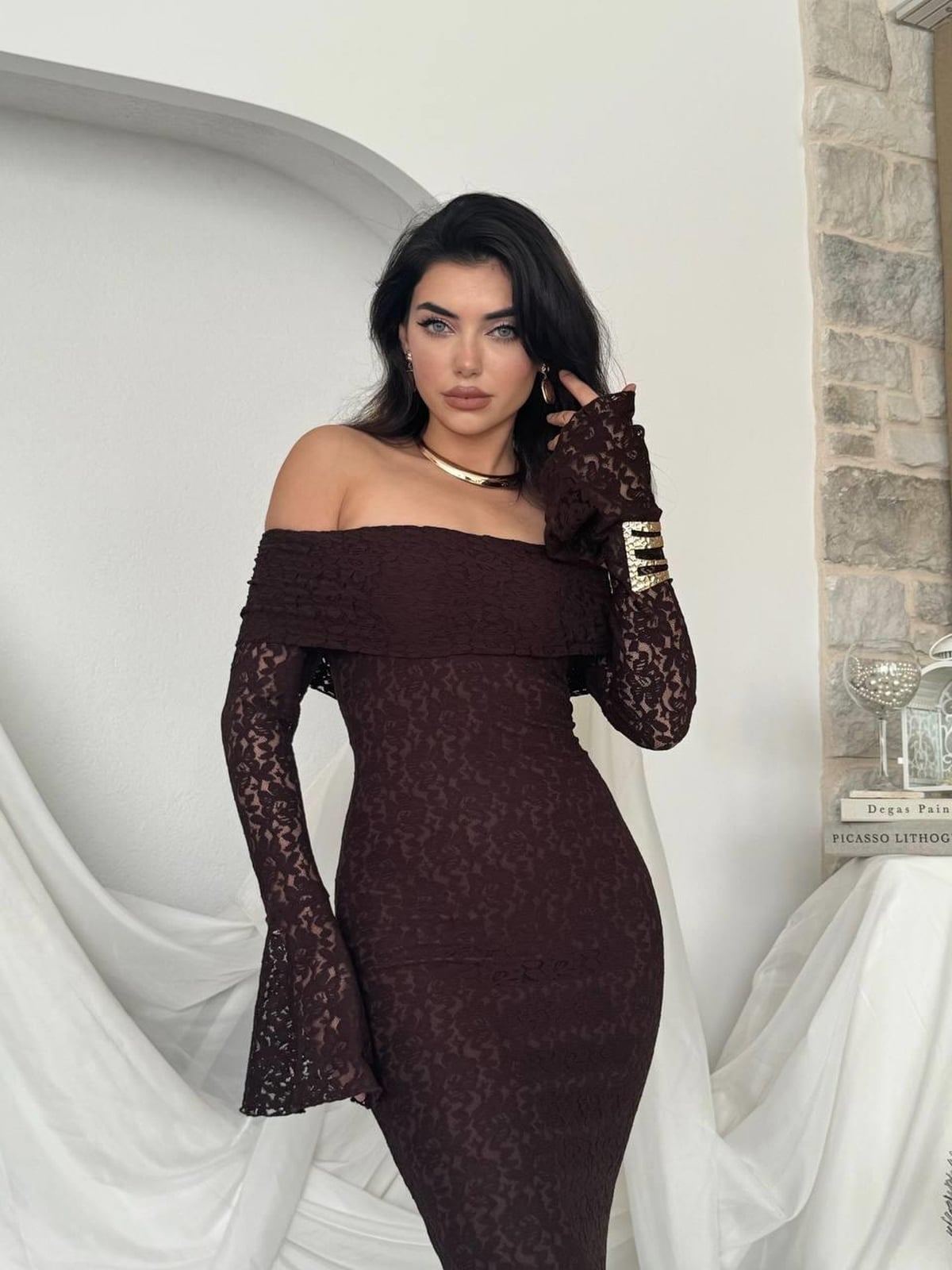 Arya Off-Shoulder Lace Dress in Dark Brown - Etika - by Peralane