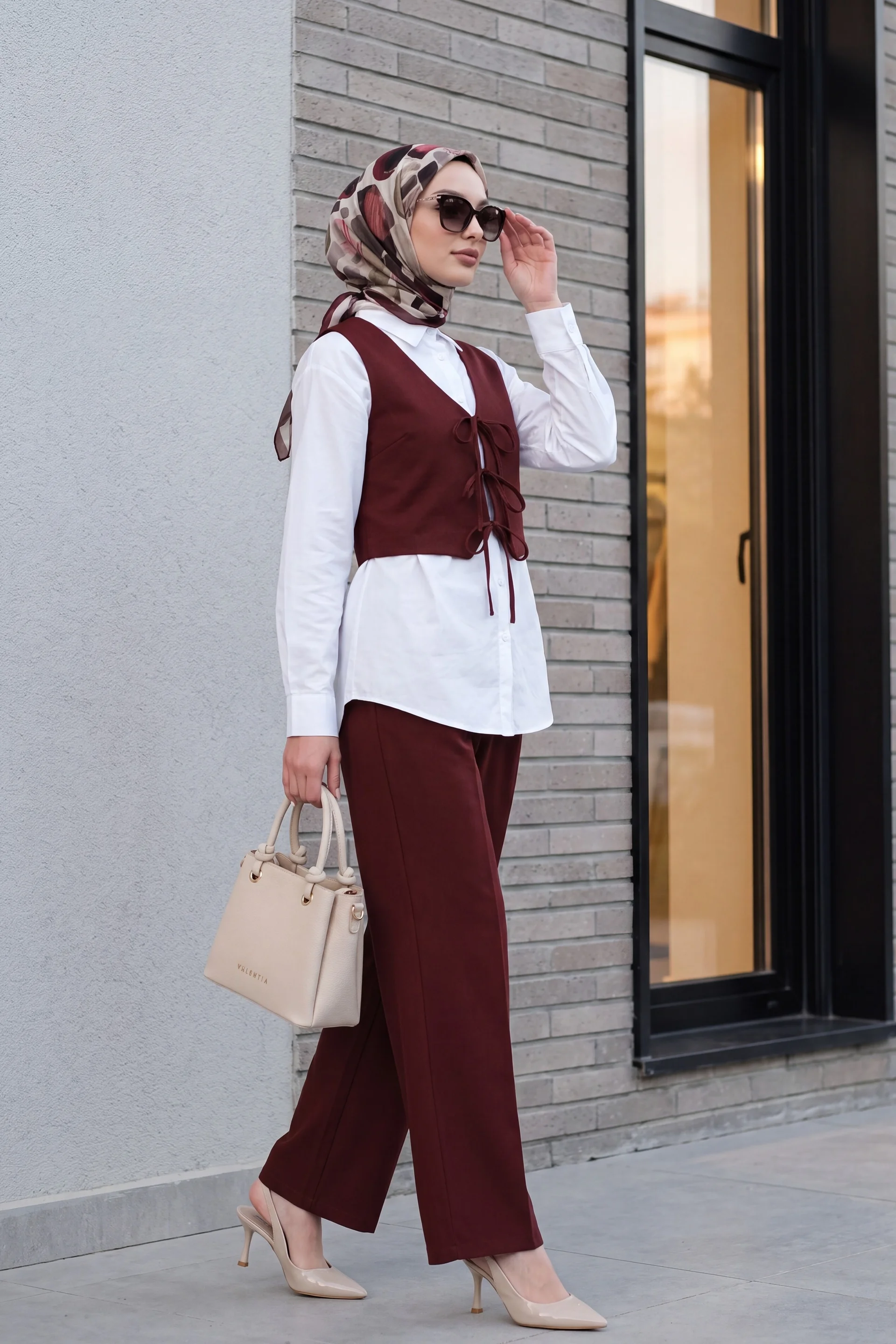 Burgundy Lace-Up Vest, Blouse and Wide-Leg Trousers 3-Piece Linen Look Set - Podyumplus - by Peralane - photo 4