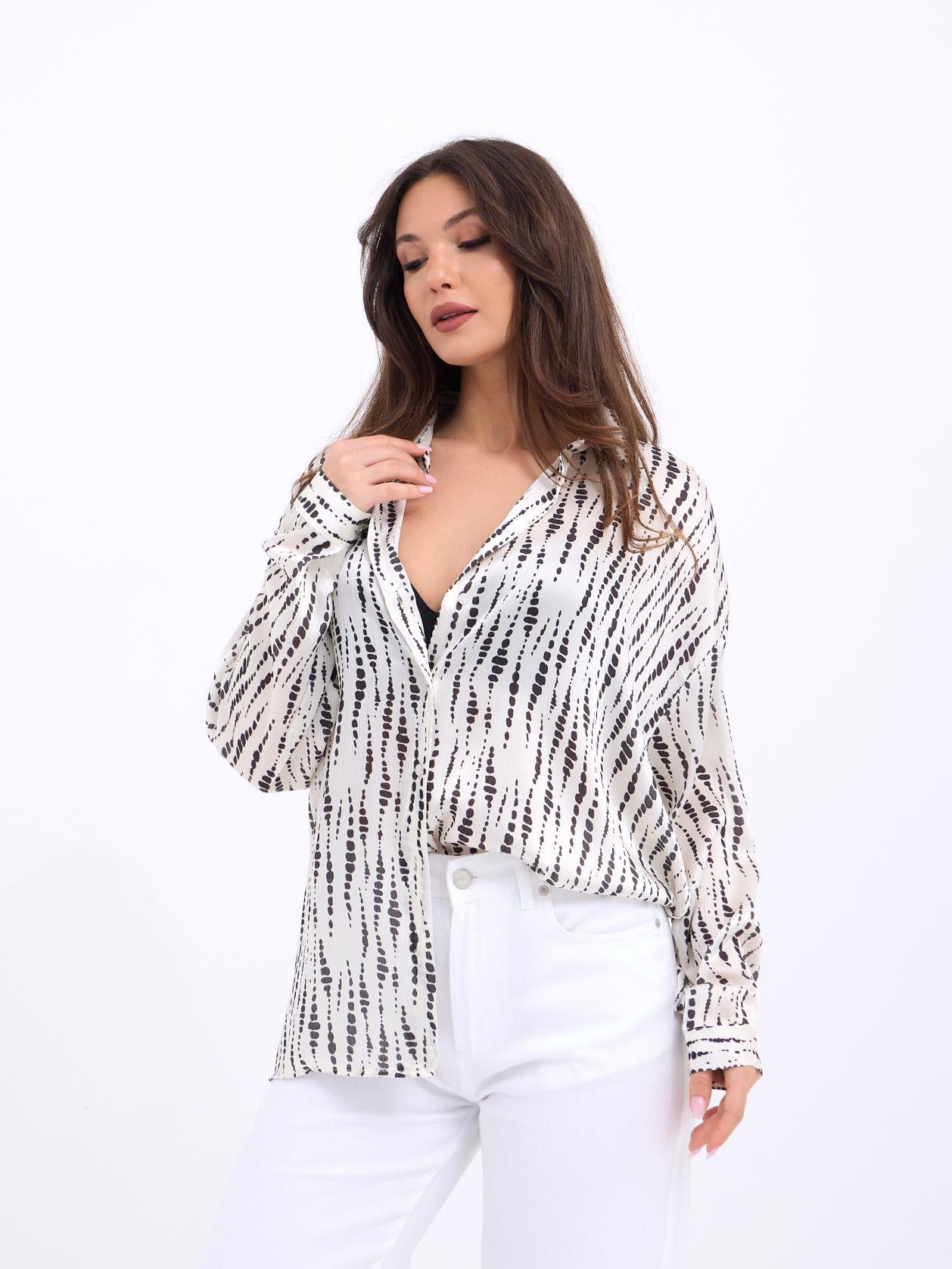 Sheer Long-Sleeve Collared Blouse in Black and White Abstract Dash Print - Fame - by Peralane - photo 5