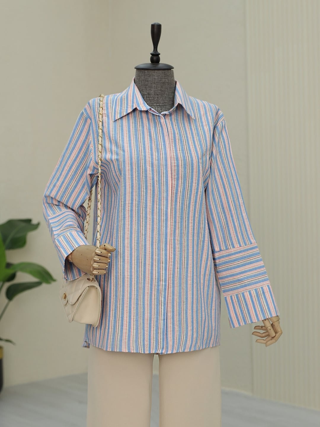 Long Back Oversize Striped Shirt - Blue - Podyumplus - by Peralane - photo 8