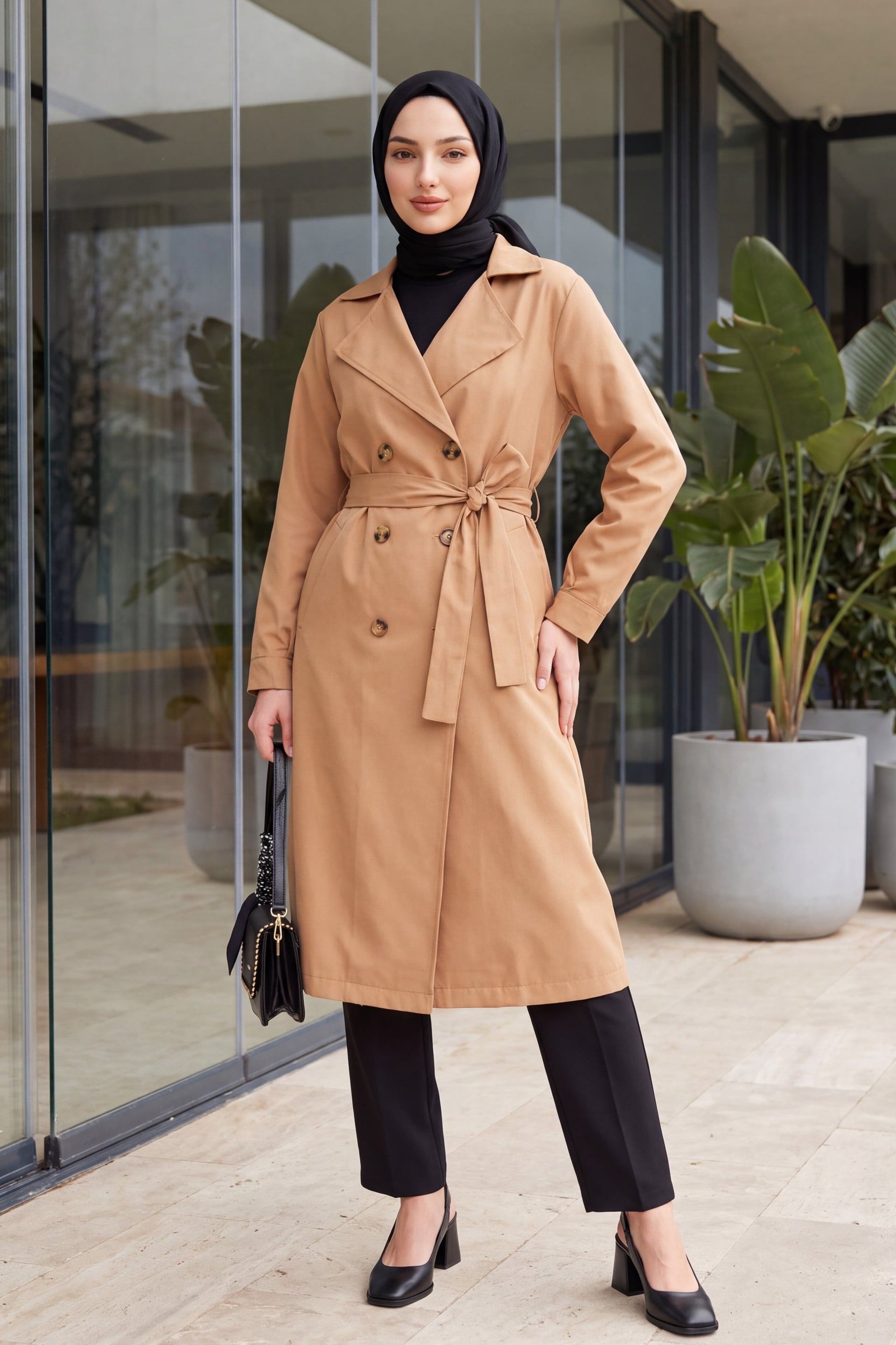 Double-Breasted Belted Trench Coat - Camel - Bigdart - by Peralane - photo 3