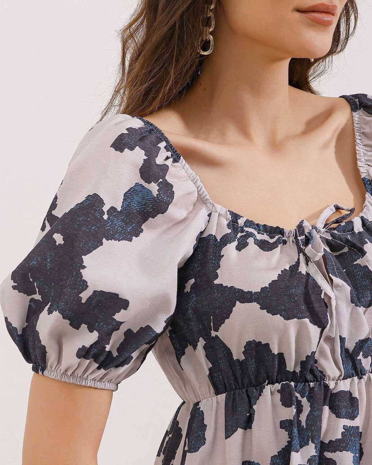 Flared Poplin Dress with Abstract Floral Print - Dark Navy - Bigdart - by Peralane - photo 2