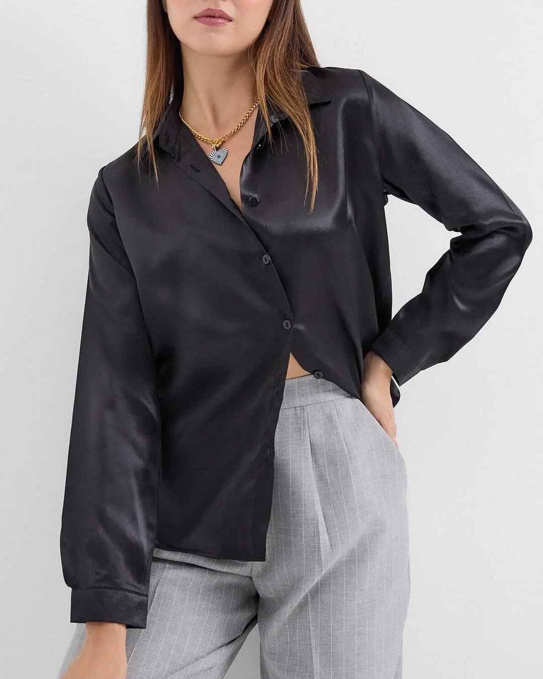 Lightweight Flowing Satin Blouse - Black - Bigdart - by Peralane - photo 3