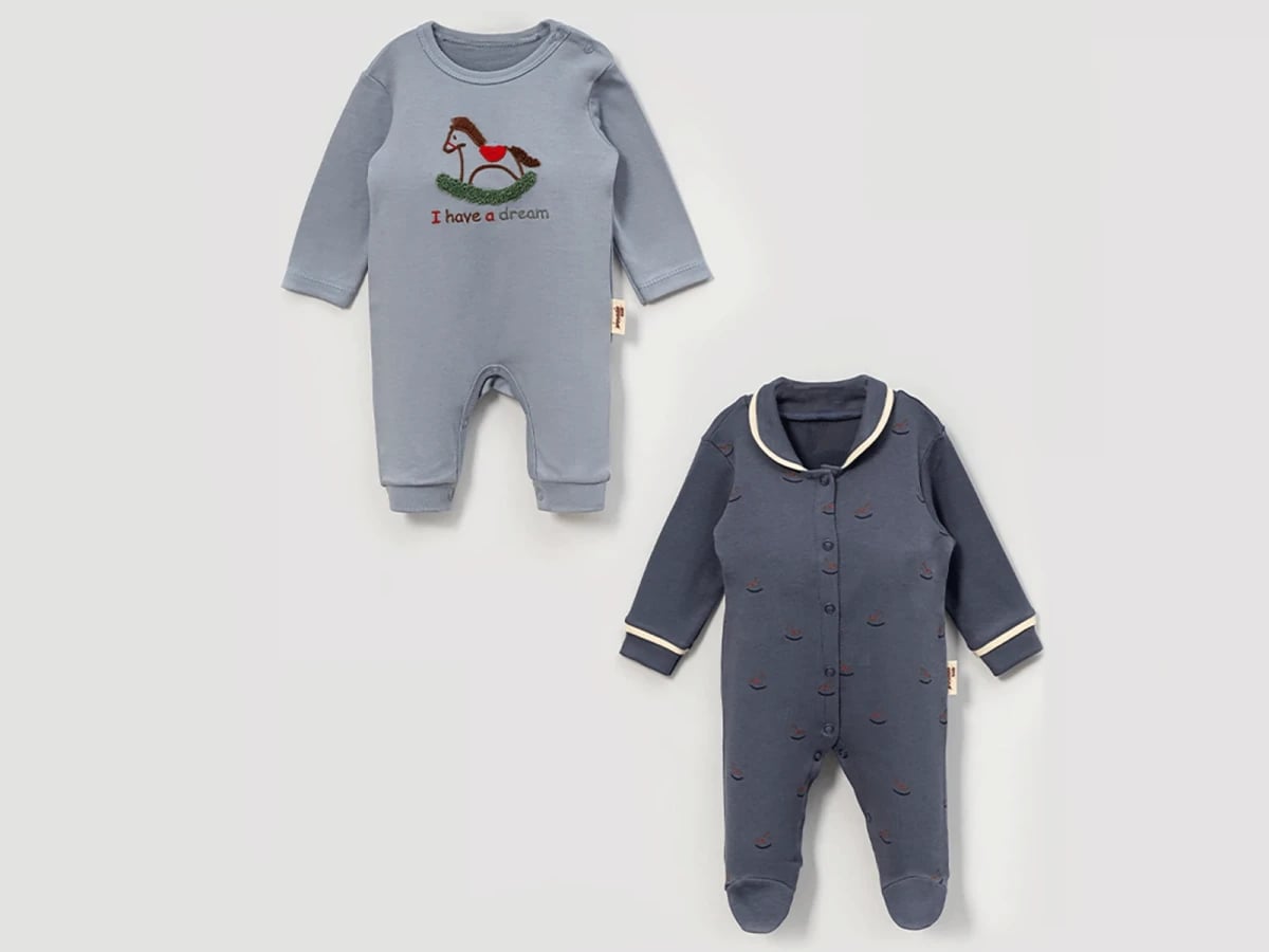 Boys' Two-Piece Cotton Romper Set with Horse Embroidery - Blue - Vovido - by Peralane