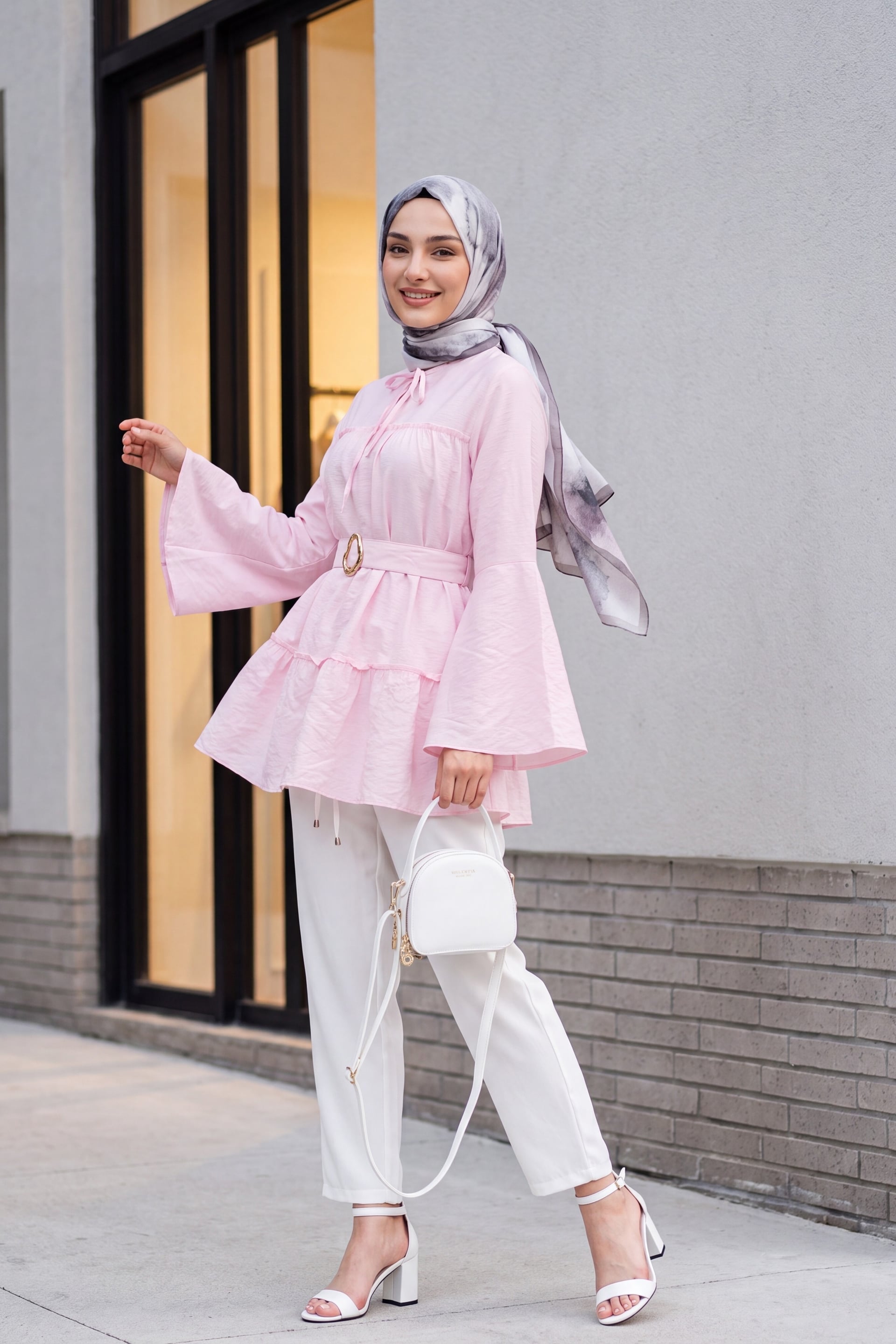 Tie-Neck Belted Paneled Polyviscose Tunic - Pink - Podyumplus - by Peralane - photo 3