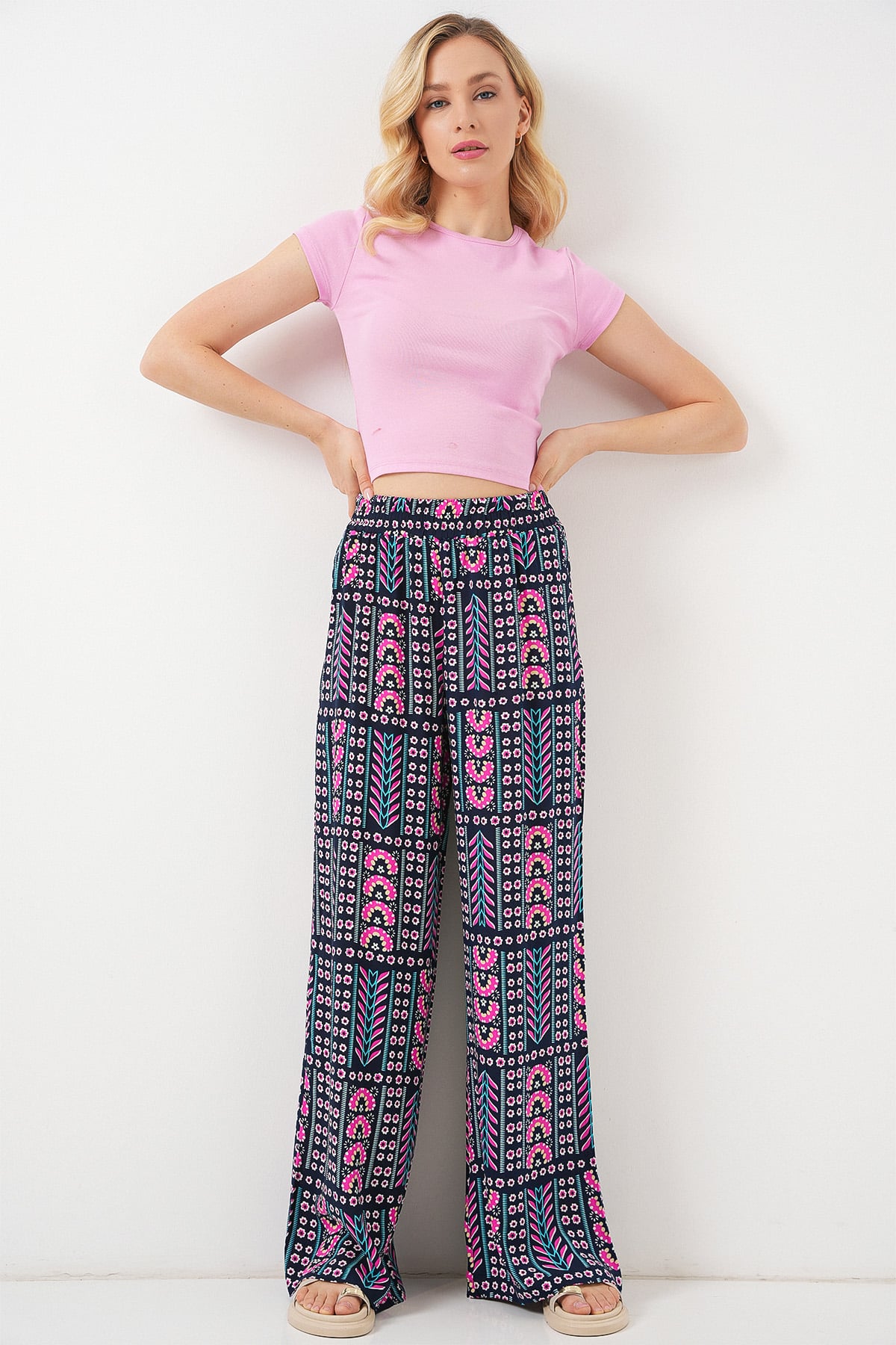 Women's Patterned Viscose Wide-Leg Trousers - Navy Blue - Bigdart - by Peralane - photo 5