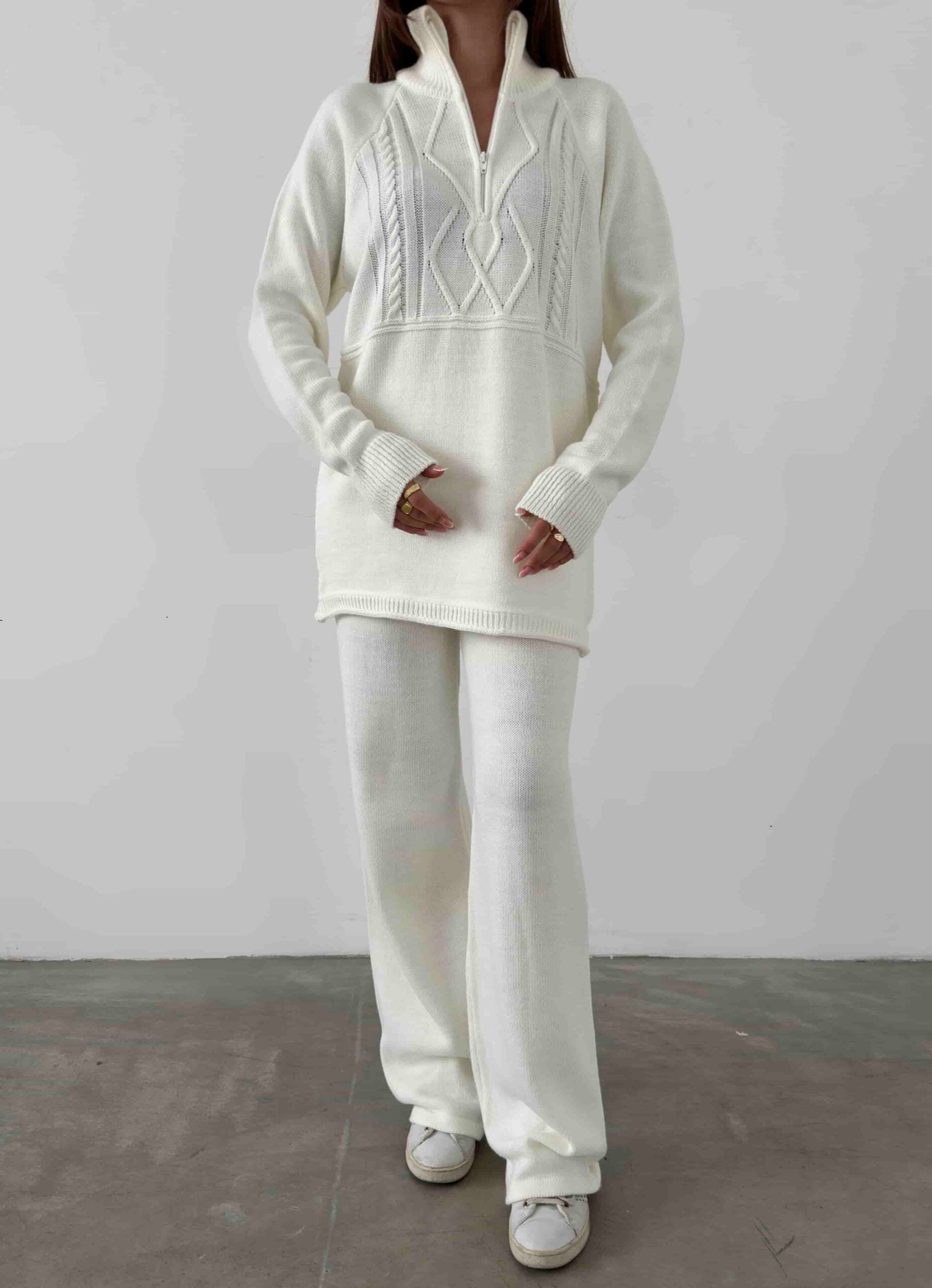 Women's Cable Knit Sweater and Trousers Set with Quarter-Zip - My Bee - by Peralane