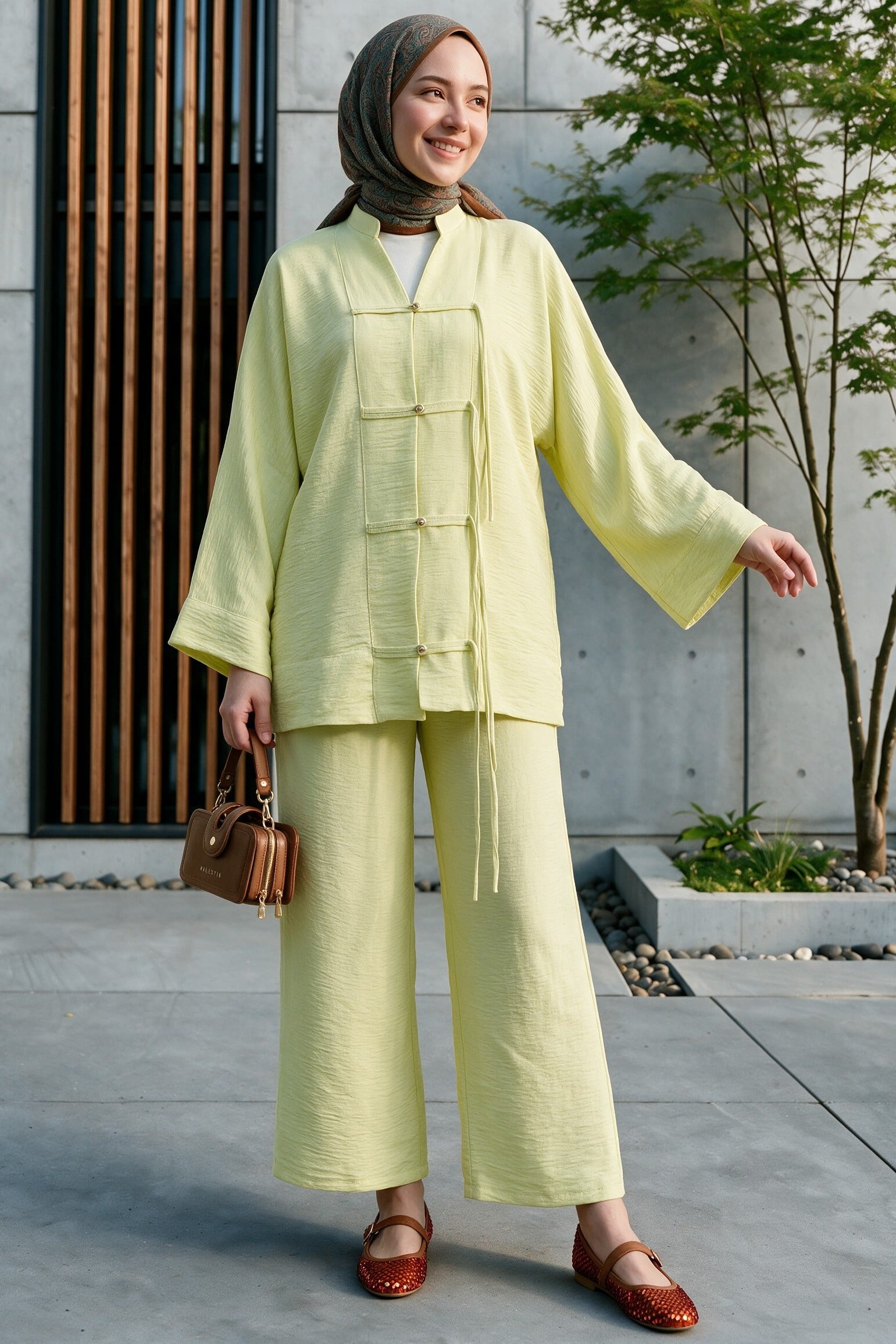 Pale Yellow Stone-Button Wide-Leg Tunic and Trousers Set - Podyumplus - by Peralane - photo 3