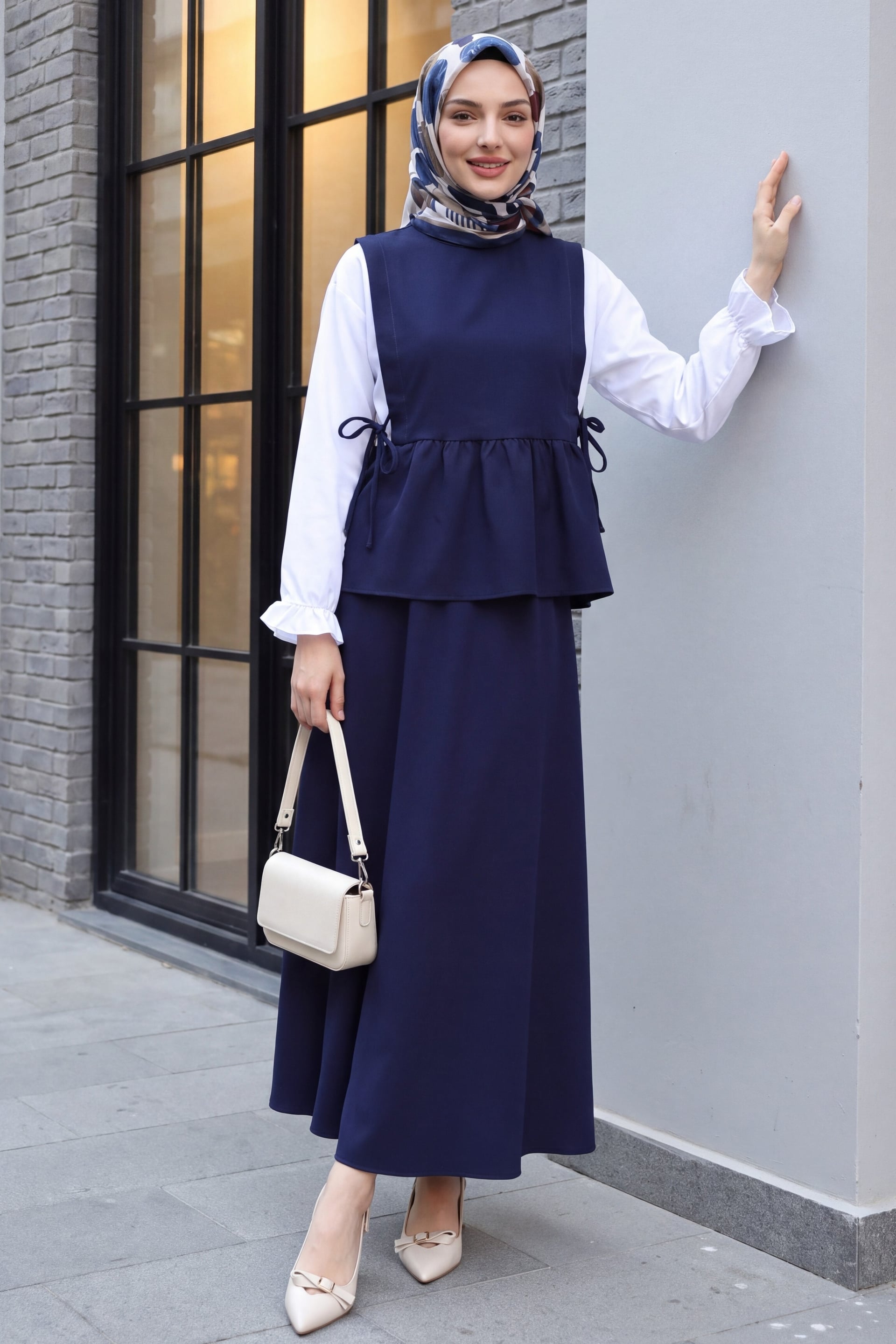 Navy Blue Shirt-Detail Laced Side Ruffled Skirt Two-Piece Set - Podyumplus - by Peralane