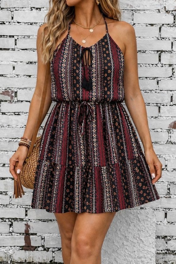 Women's Sleeveless Halter Neck Tie Waist Tiered Mini Dress with Floral Print - Janes - by Peralane