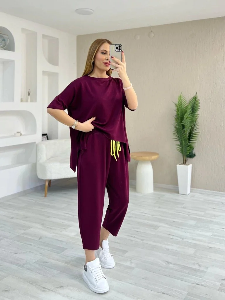 Women's Short-Sleeve Crew Neck Viscose Two-Thread Top and Trousers Set - Janes - by Peralane