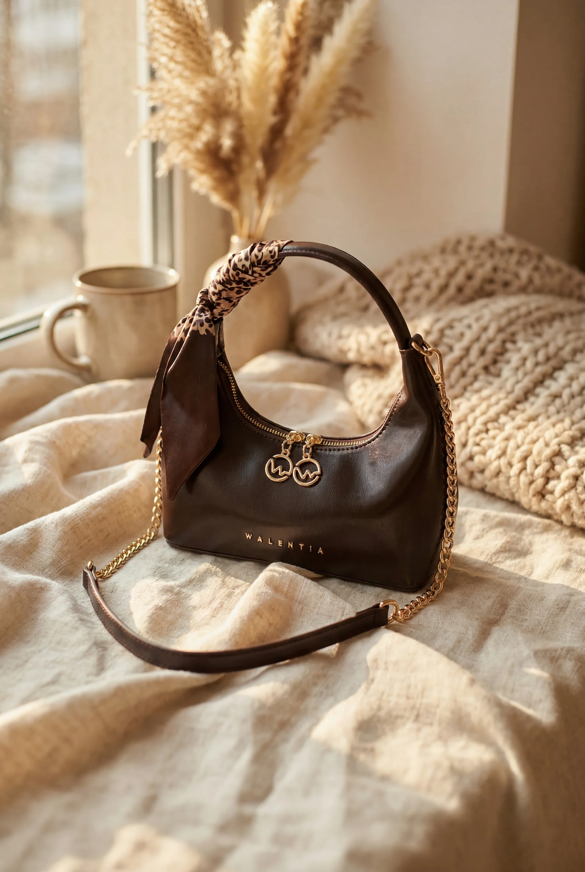 Scarf Detail Chain Strap Shoulder Bag - Dark Brown - Podyumplus - by Peralane