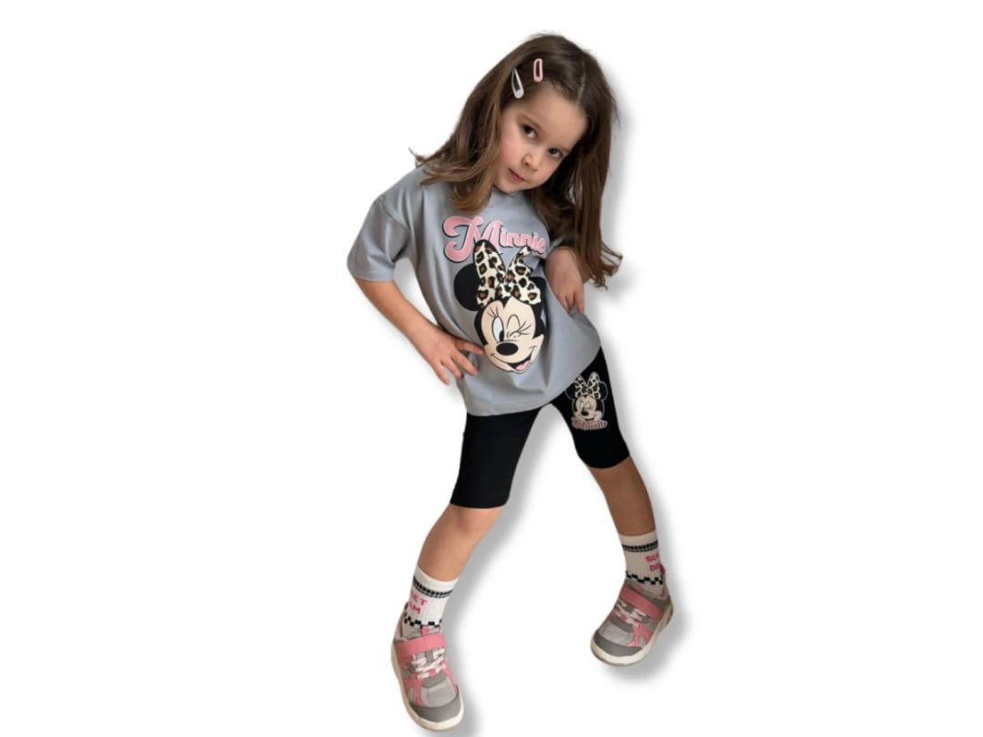 Girls' Minnie Print Leopard Pattern T-Shirt and Shorts Set - Replikas - by Peralane