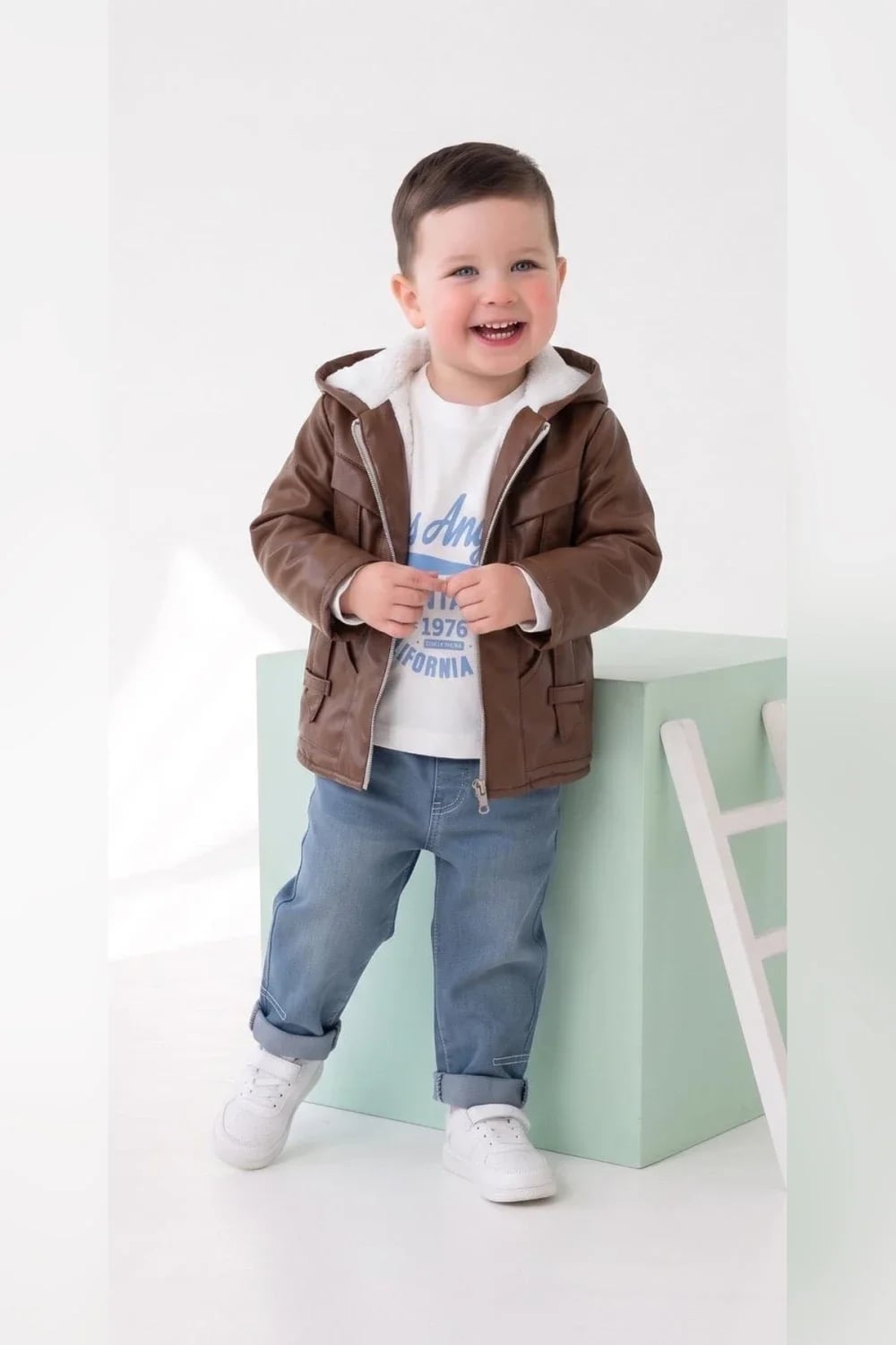 Boys' 3-Piece Set with Brown Faux Leather Jacket - Has Bereket - by Peralane