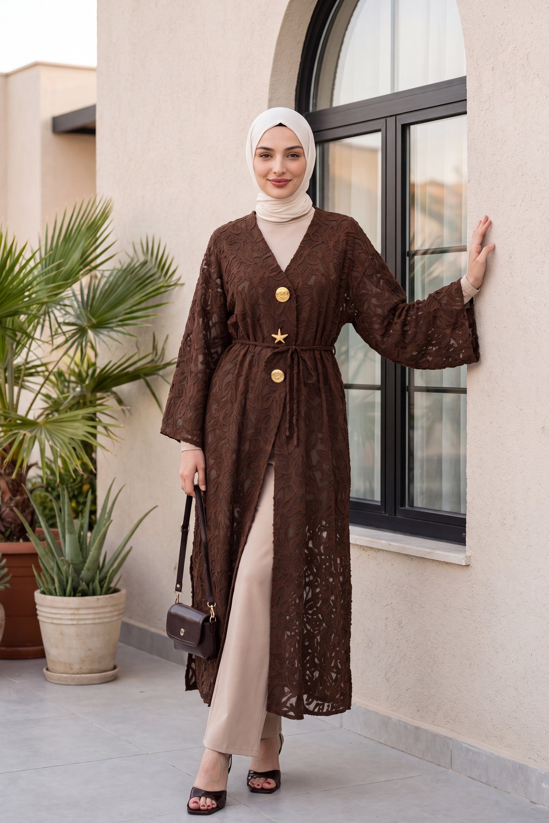 Long Kimono Cardigan with Wide Sleeves and Brooch Detail - Brown - Podyumplus - by Peralane - photo 4