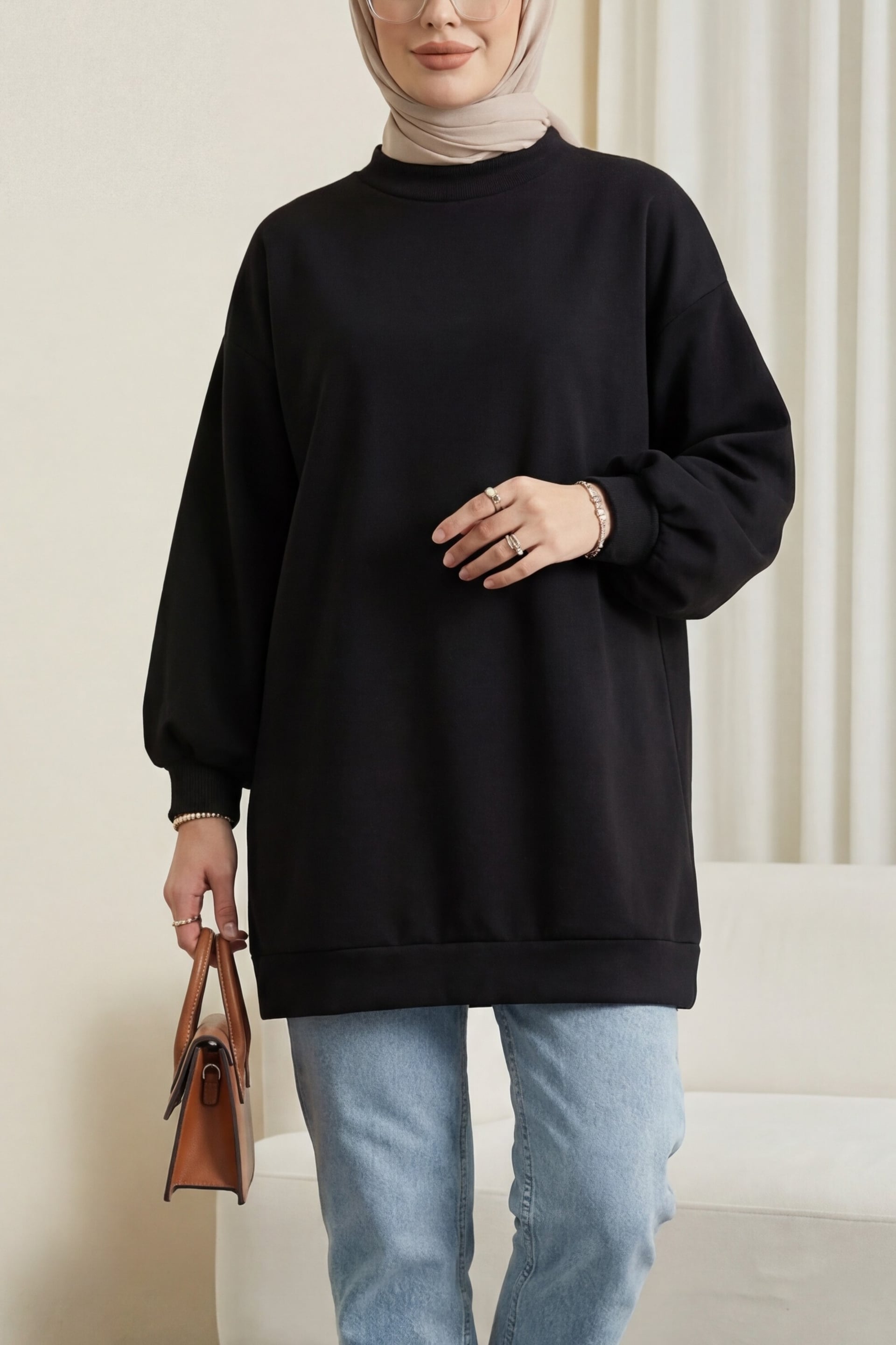 Black Three-Thread Fleece Sweatshirt with Balloon Sleeves and Stand Collar - Podyumplus - by Peralane
