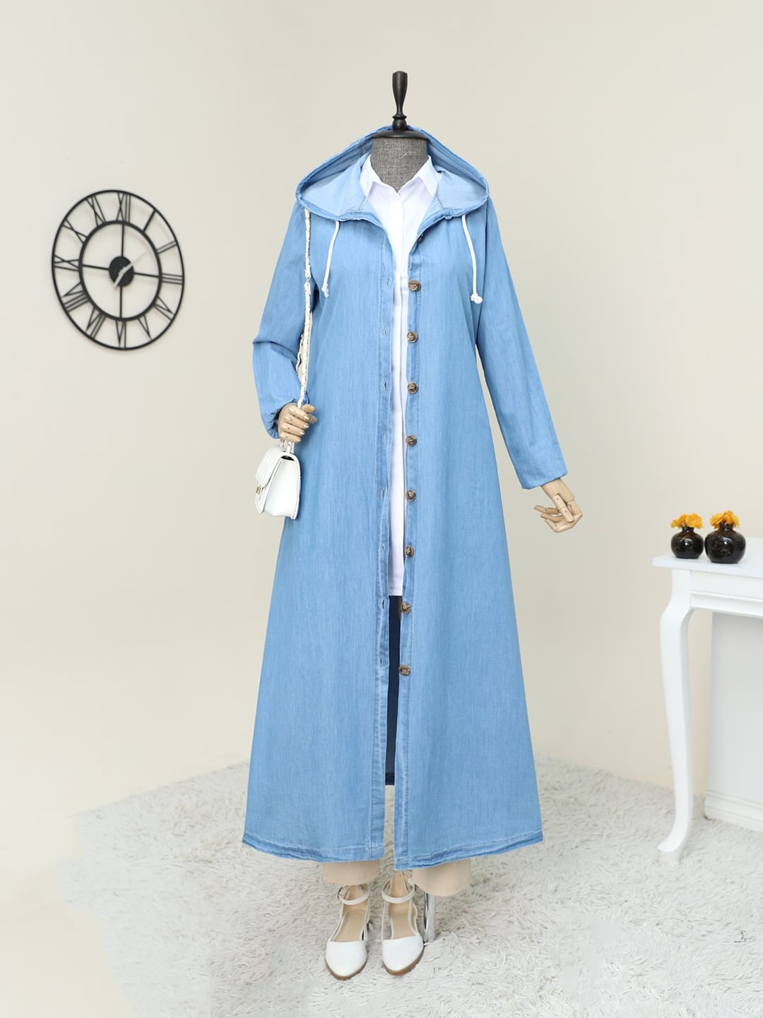 Long Denim Coat with Hood and Full Button Front - Light Blue - Podyumplus - by Peralane - photo 3