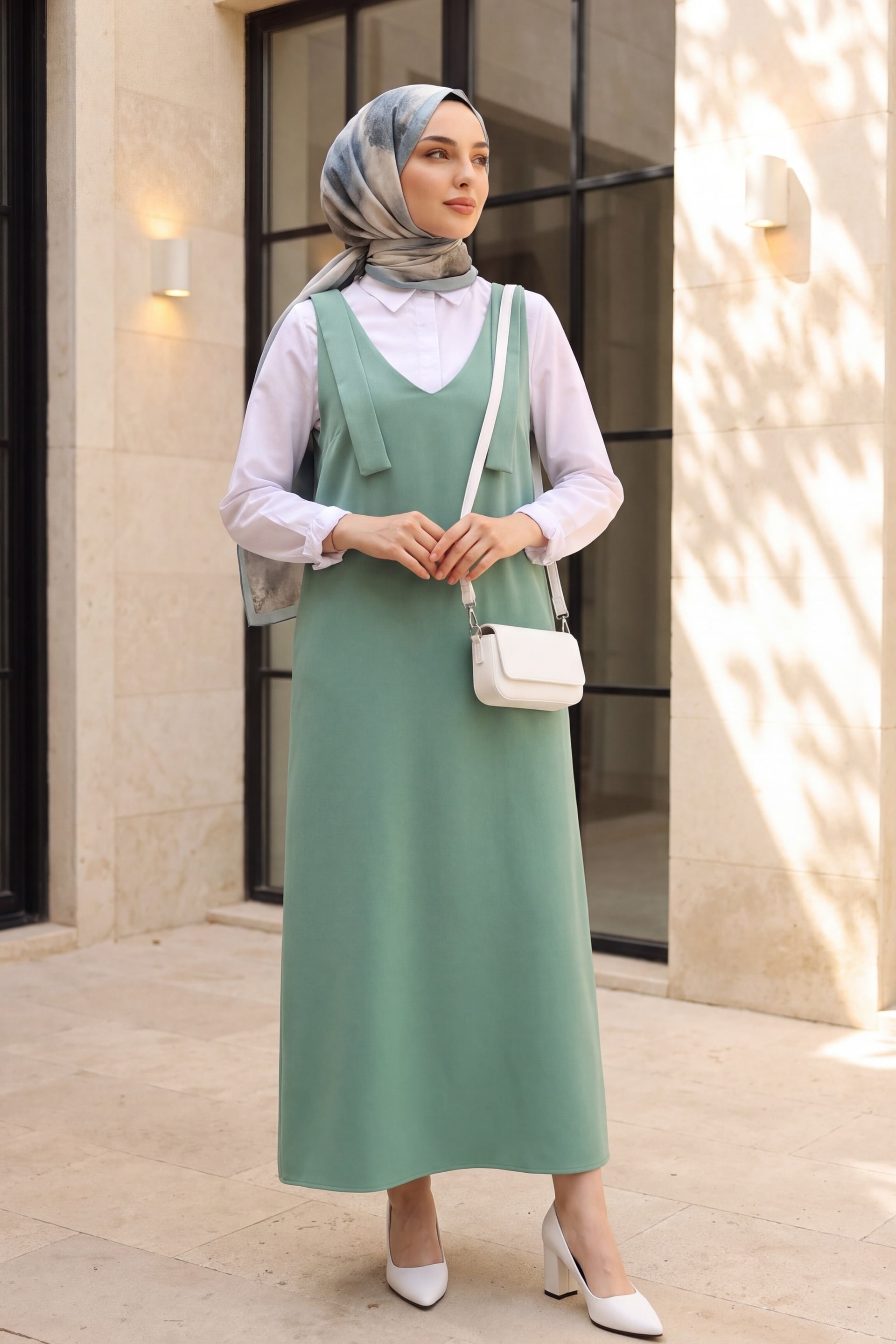 Long Sleeveless Pinafore Dress with Bow Straps - Green - Podyumplus - by Peralane - photo 4