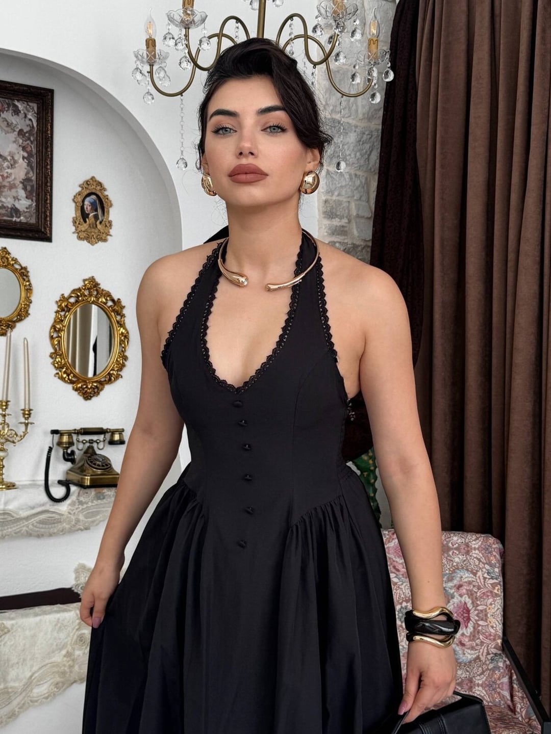 Black Sleeveless Halter Neck Smocked Dress with Bow Detail - Etika - by Peralane - photo 8