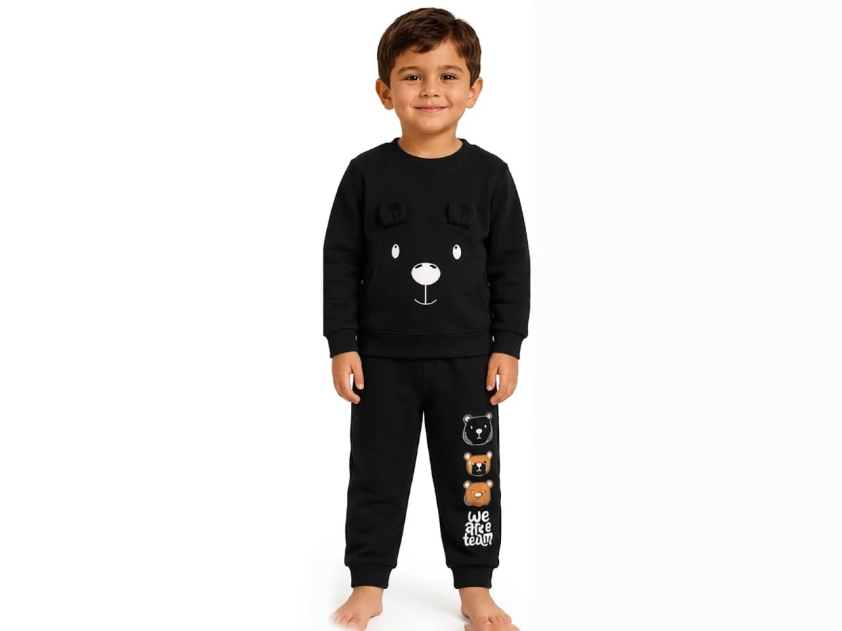 Bear Print Kangaroo Pocket 3-Thread Fleece Boys' Pyjama Set - Bittos Kids - by Peralane