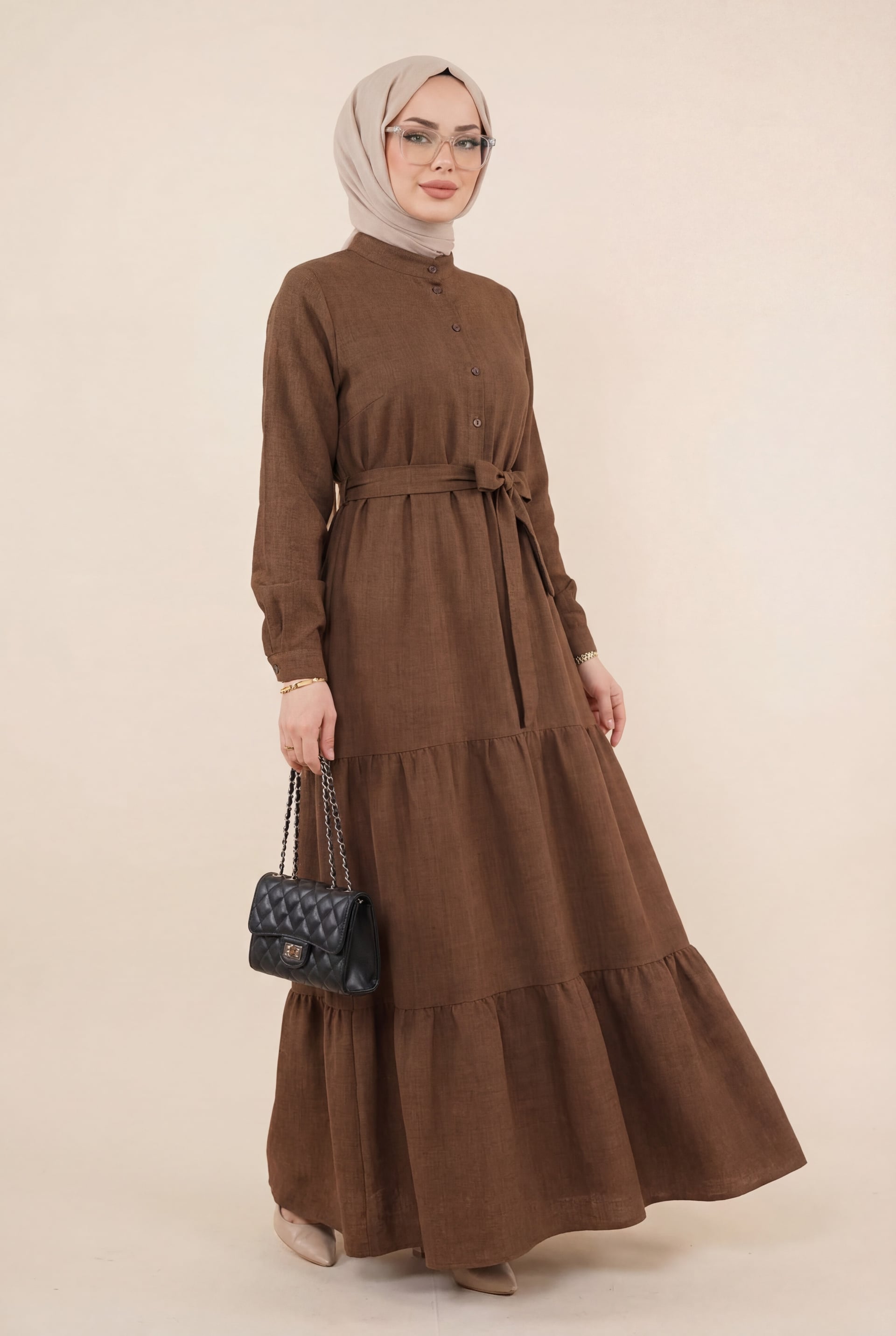 Half-Button High-Collar Tie-Waist Linen Look Dress - Brown - Podyumplus - by Peralane - photo 2