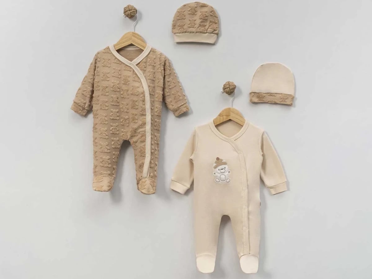 Bear Print Baby Romper with Hat - Beige - Bebly - by Peralane