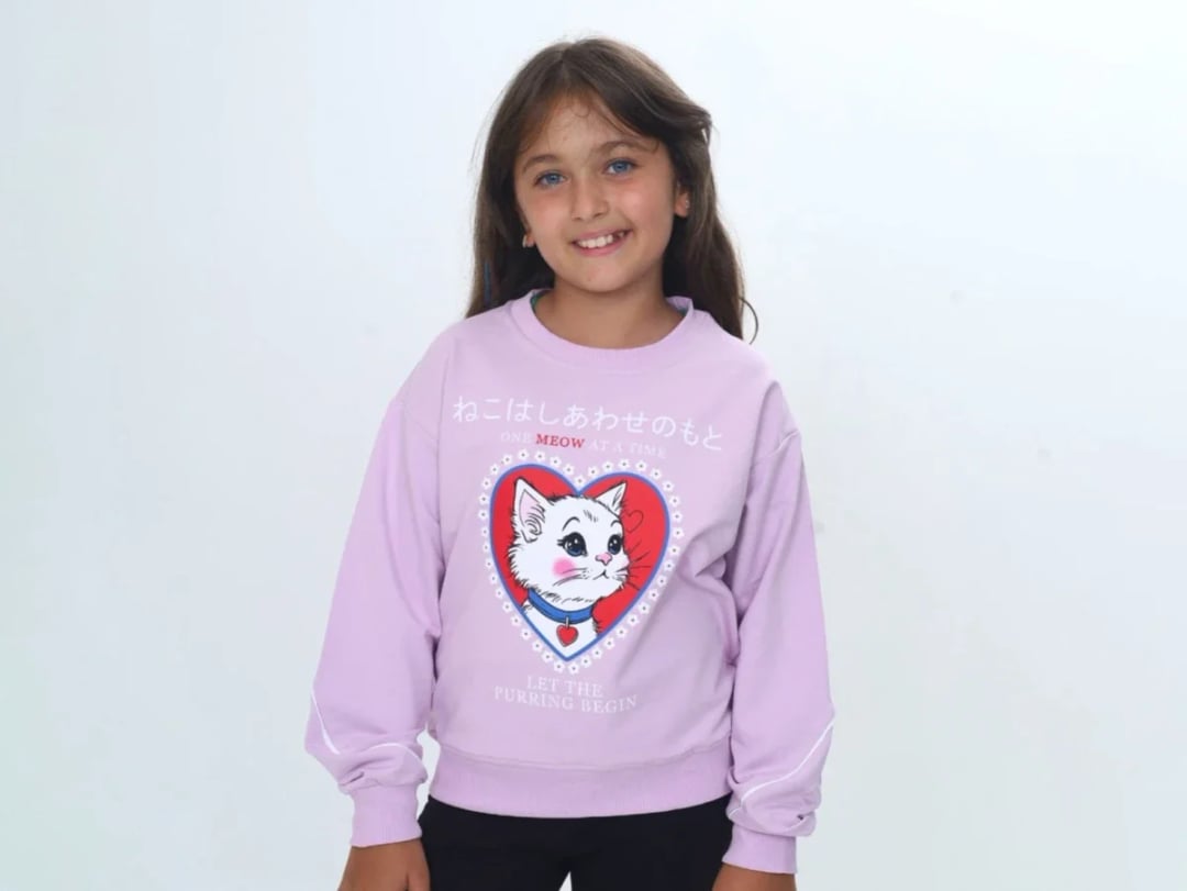 Girls' Cat Print Sweatshirt - Light Purple - Vizviz - by Peralane