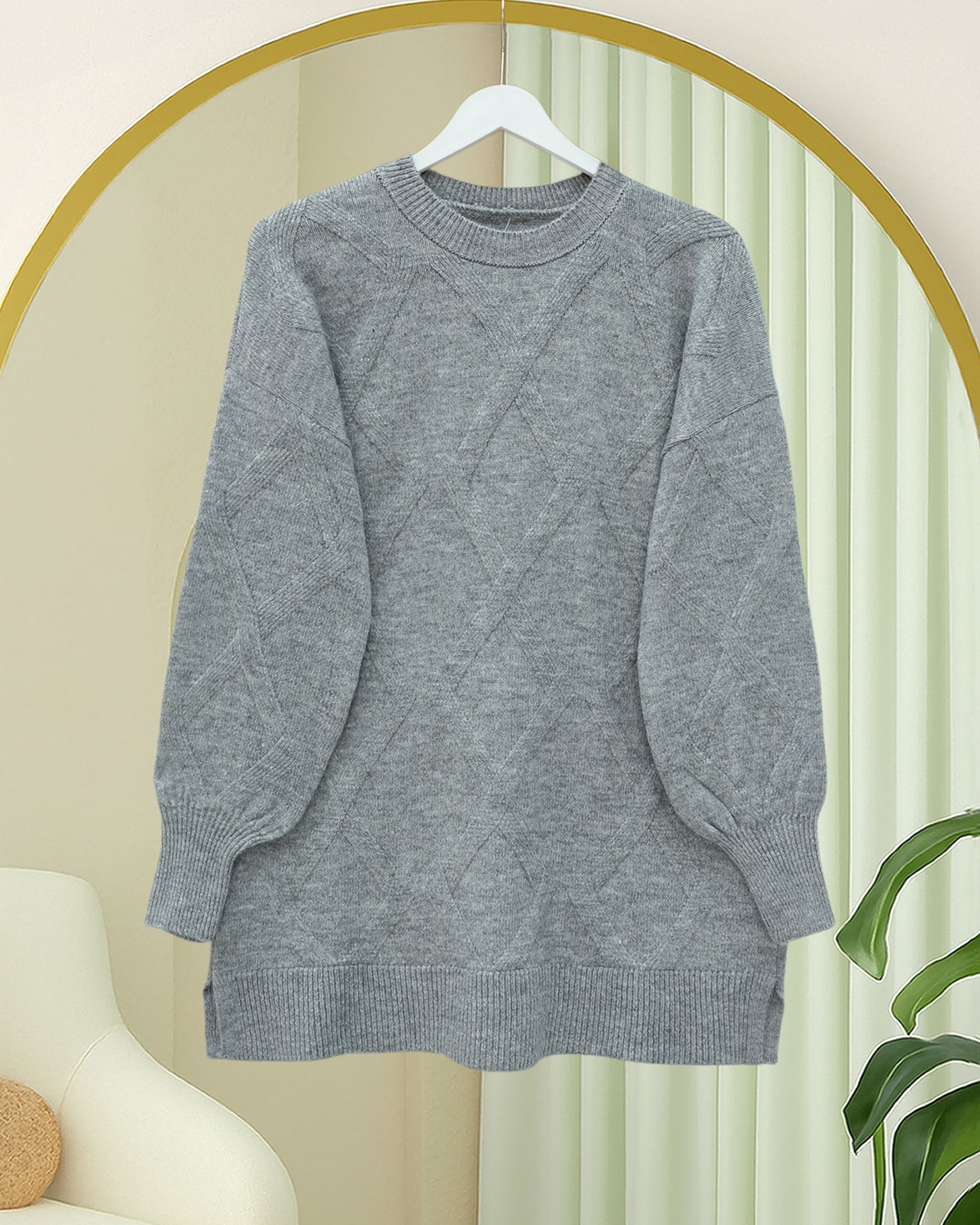 Diamond Pattern Soft Knit Tunic - Grey - Podyumplus - by Peralane - photo 3