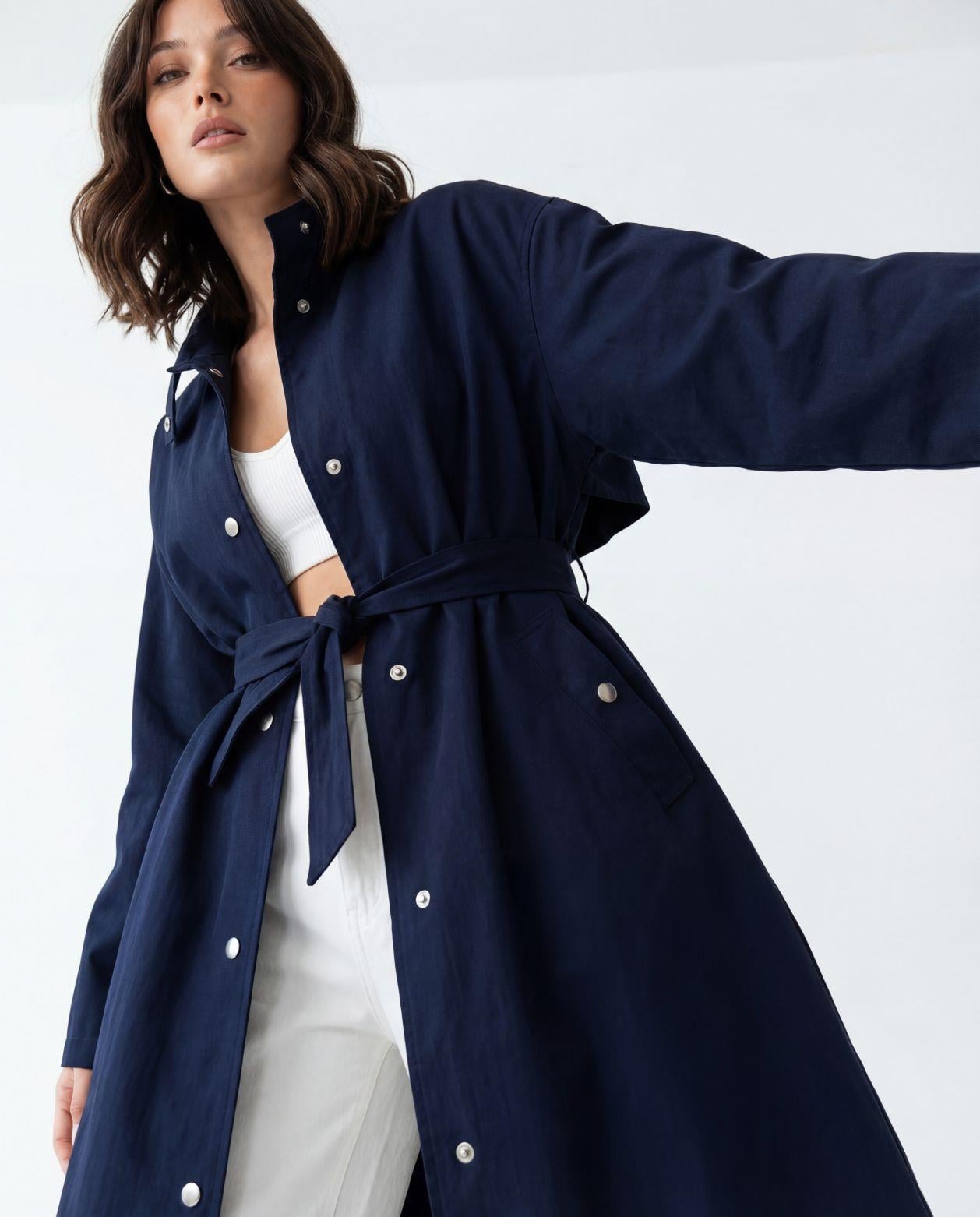 Navy Blue Long-Sleeved Jumpsuit with Tie Waist and Collared Neckline - Fame - by Peralane - photo 4