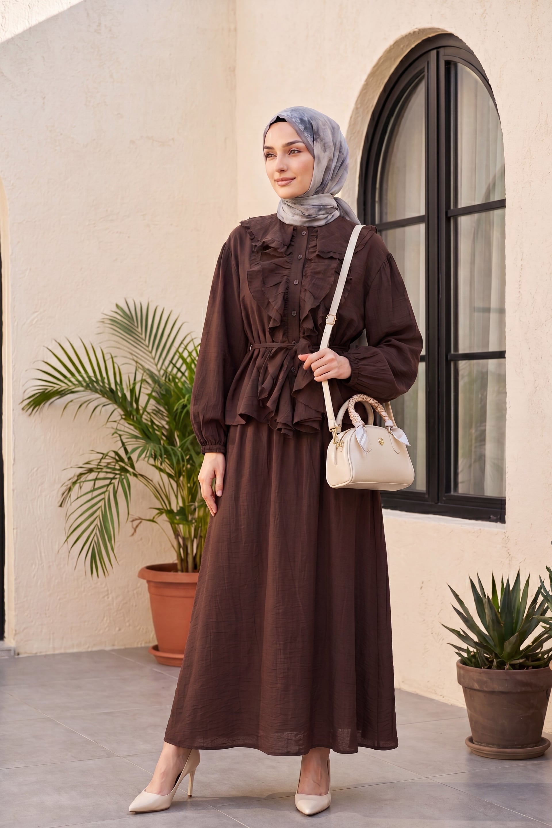 Ruffle Front Long-Sleeve Top and Skirt Set in Dark Brown - Podyumplus - by Peralane - photo 3