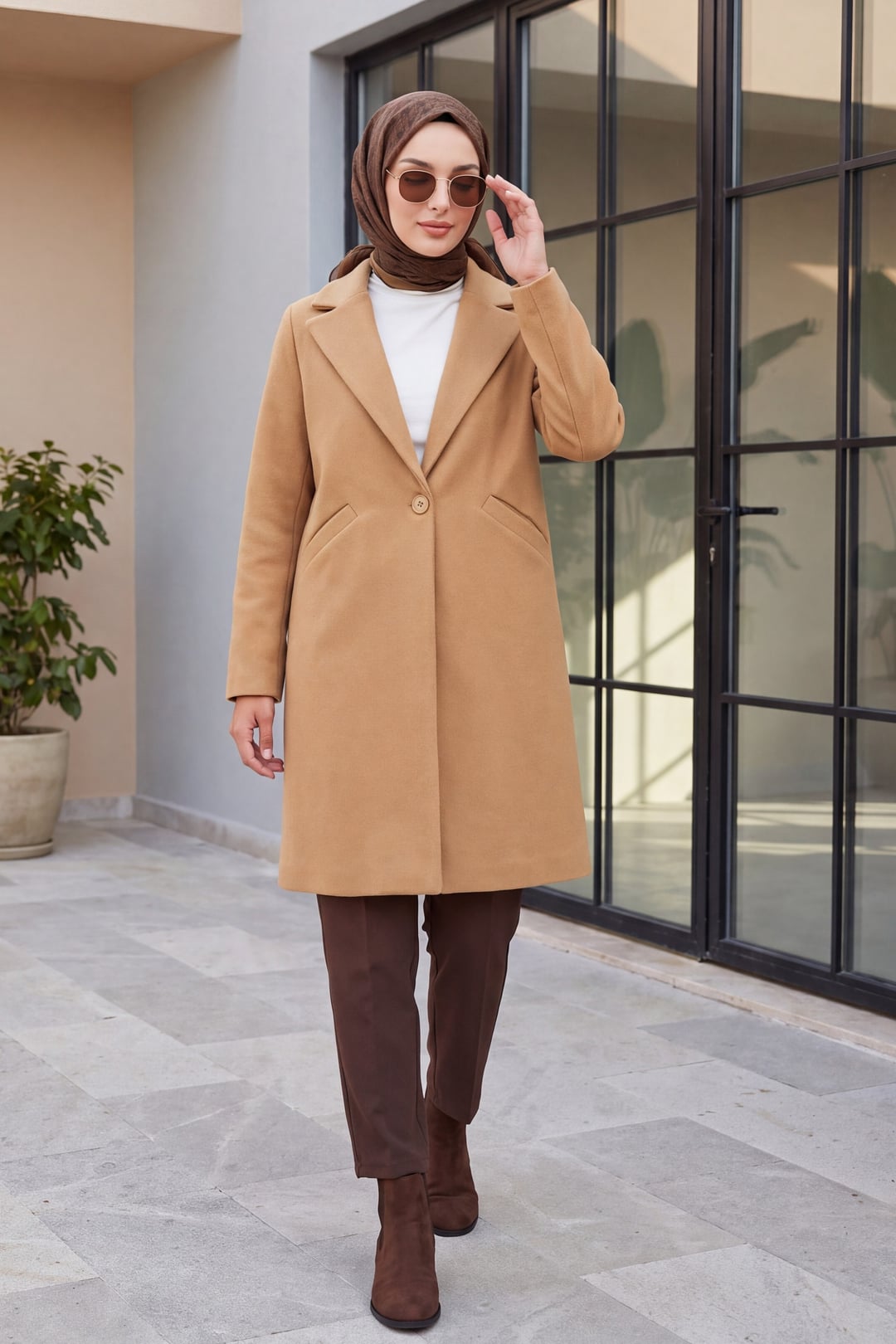 Camel Single-Breasted Wool Blend Coat - Bigdart - by Peralane - photo 4