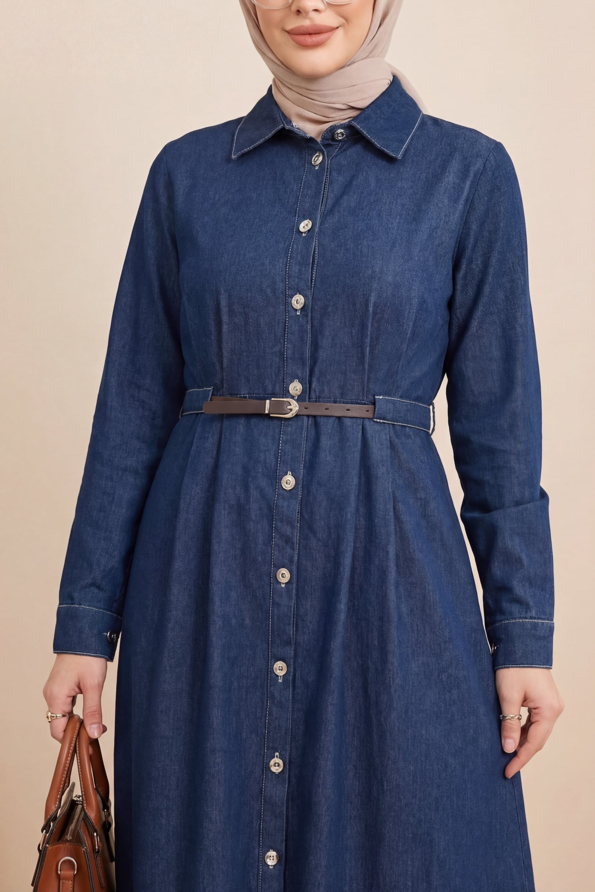 Front Button Pleat Detail Tunnel Belt Denim Dress - Dark Navy - Podyumplus - by Peralane - photo 2