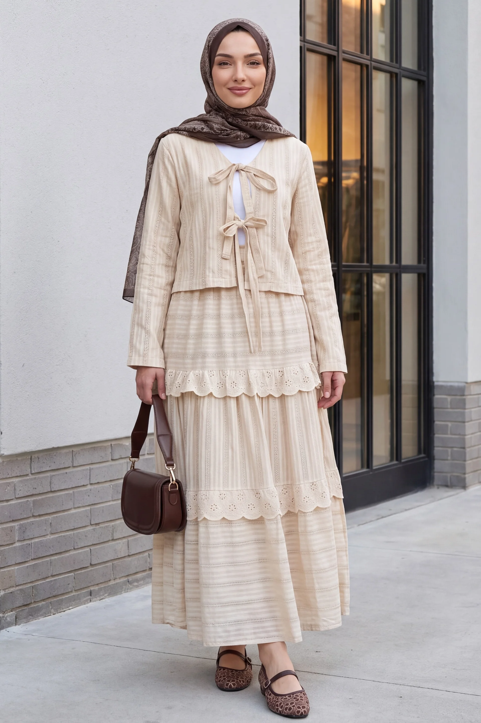 Tie-Front Tiered Skirt Set - Beige - Podyumplus - by Peralane - photo 2
