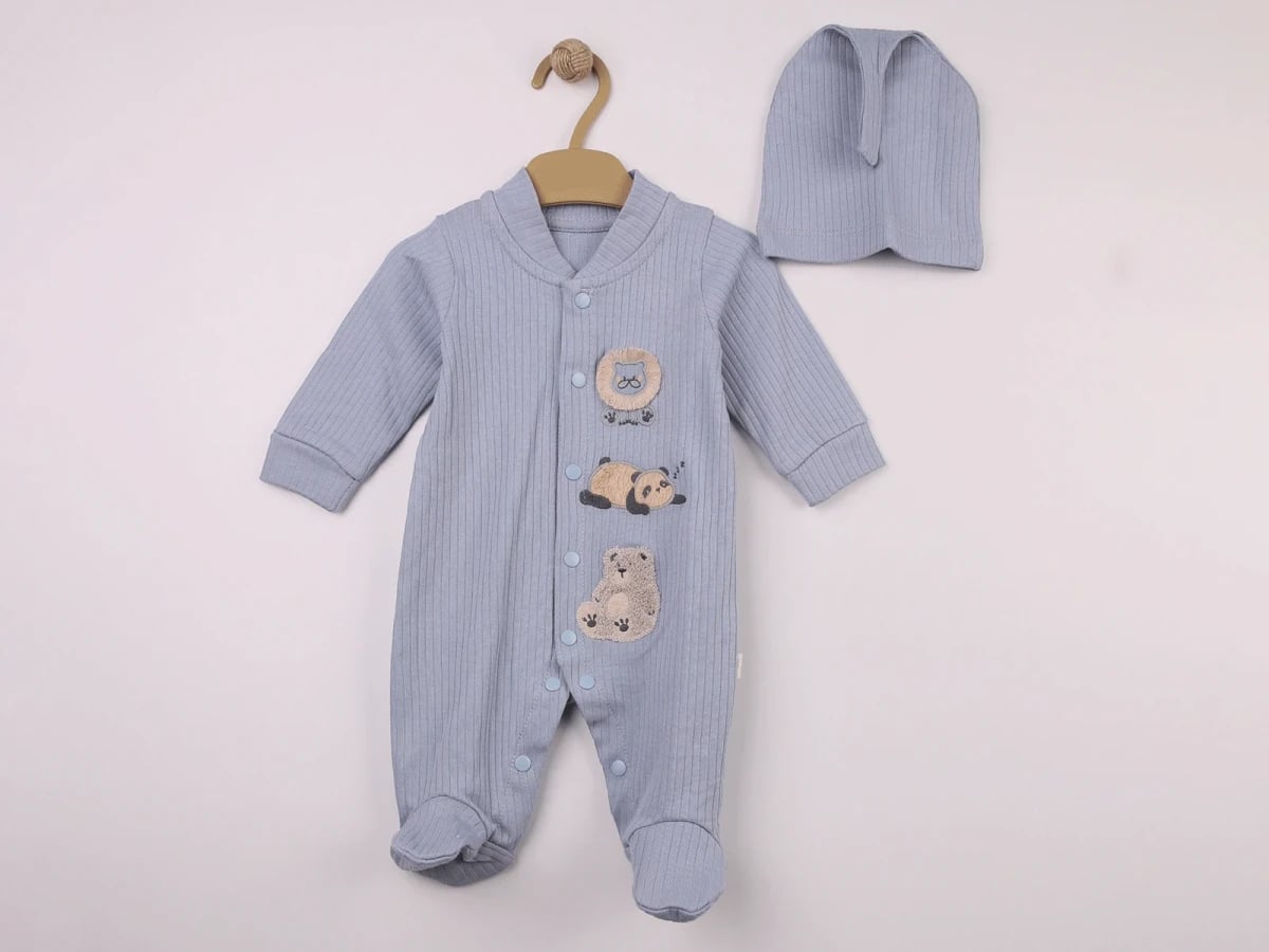 Animal Embroidery Baby Romper and Hat Set - Light Blue - Pookie - by Peralane