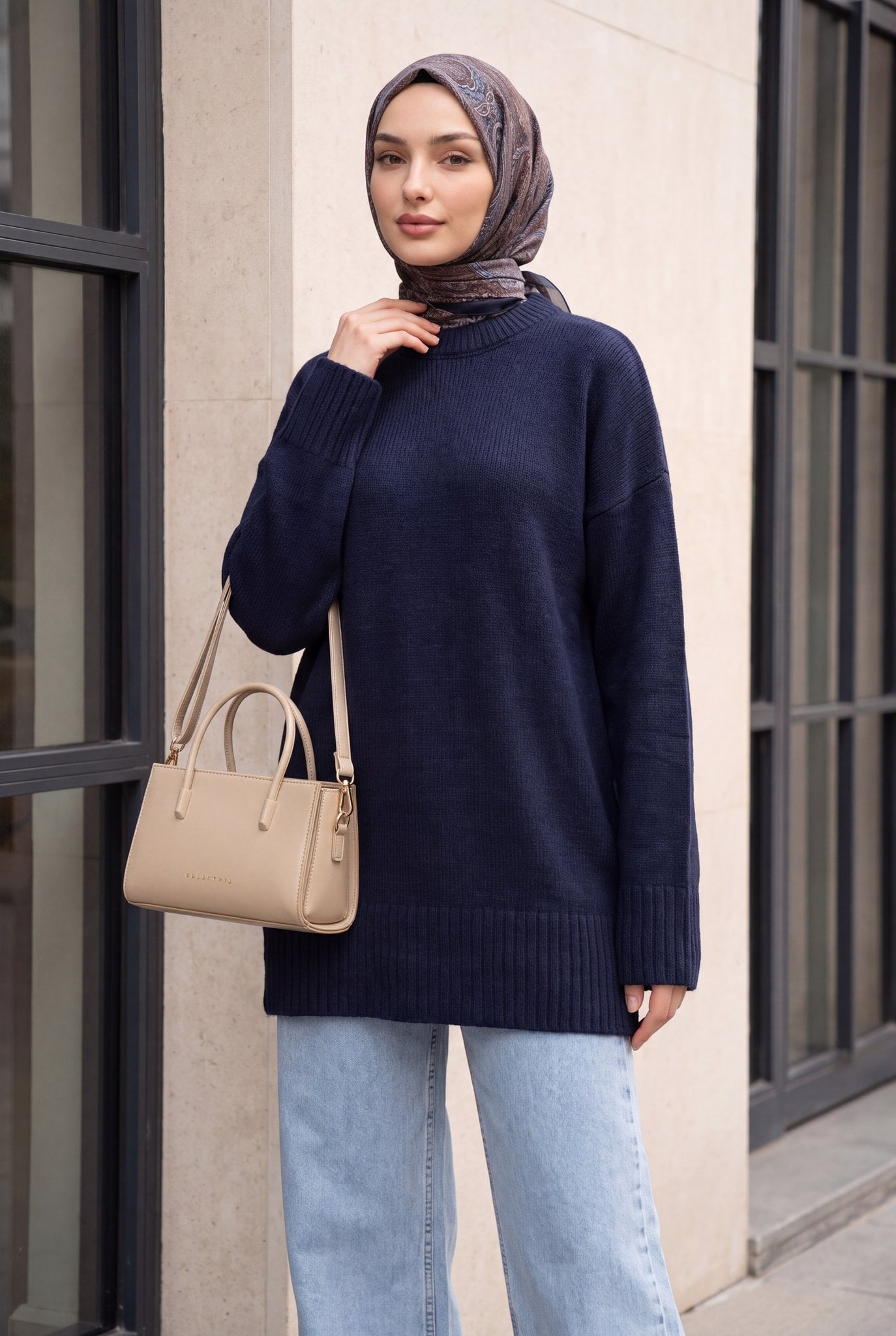 Ribbed Hem and Sleeve Relaxed Knit Tunic - Dark Navy - Podyumplus - by Peralane - photo 3