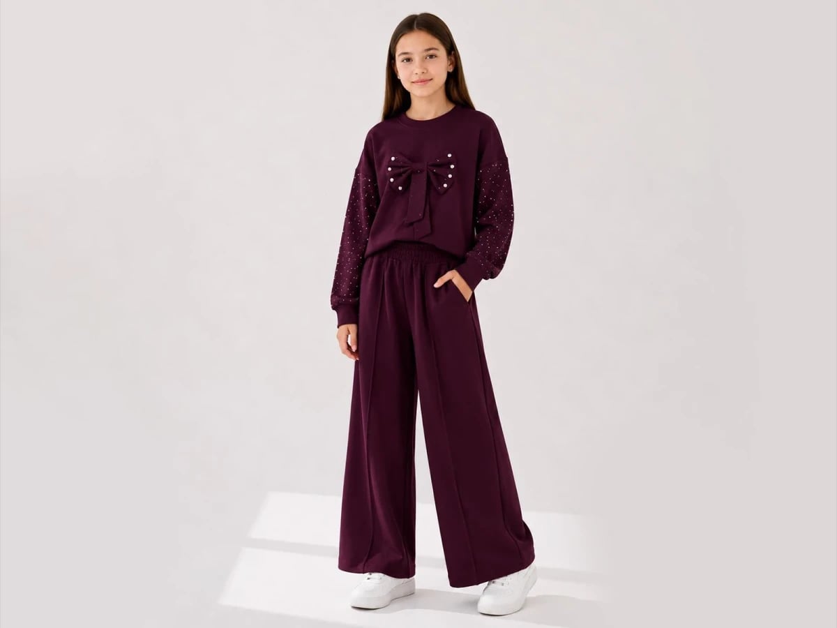 Girls' Pearl Bow Sweatshirt and Trousers Set - Burgundy - Incilay - by Peralane