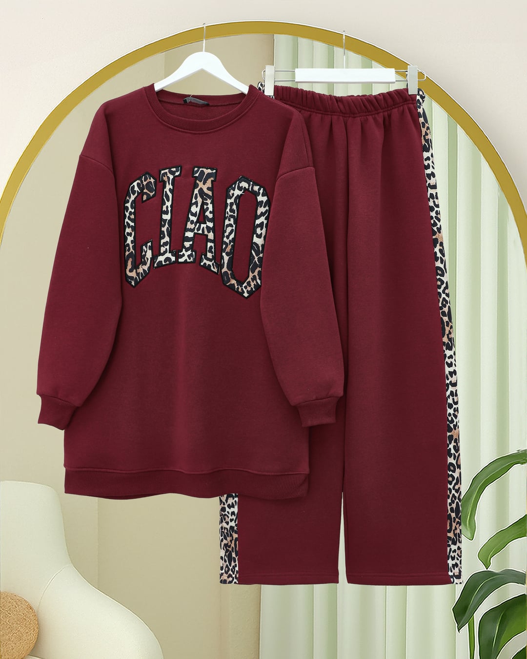 Three-Thread Sweatshirt and Trousers Set with Leopard Print Detail - Burgundy - Podyumplus - by Peralane - photo 3