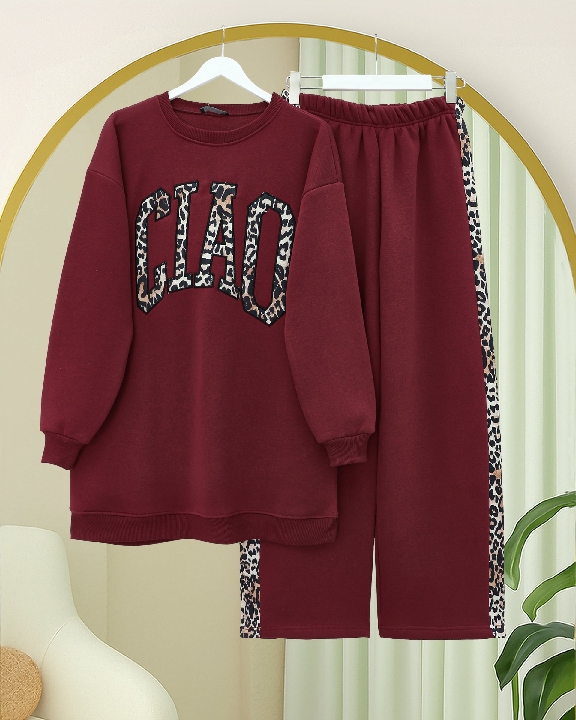 Women's Burgundy Three-Thread Sweatshirt and Trousers Set with Leopard Print Details - Podyumplus - by Peralane - photo 3