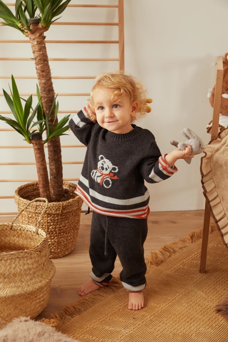 Baby Girl Knit Sweater and Trousers Set (12-36 Months) - Indigo - Uludag Triko - by Peralane