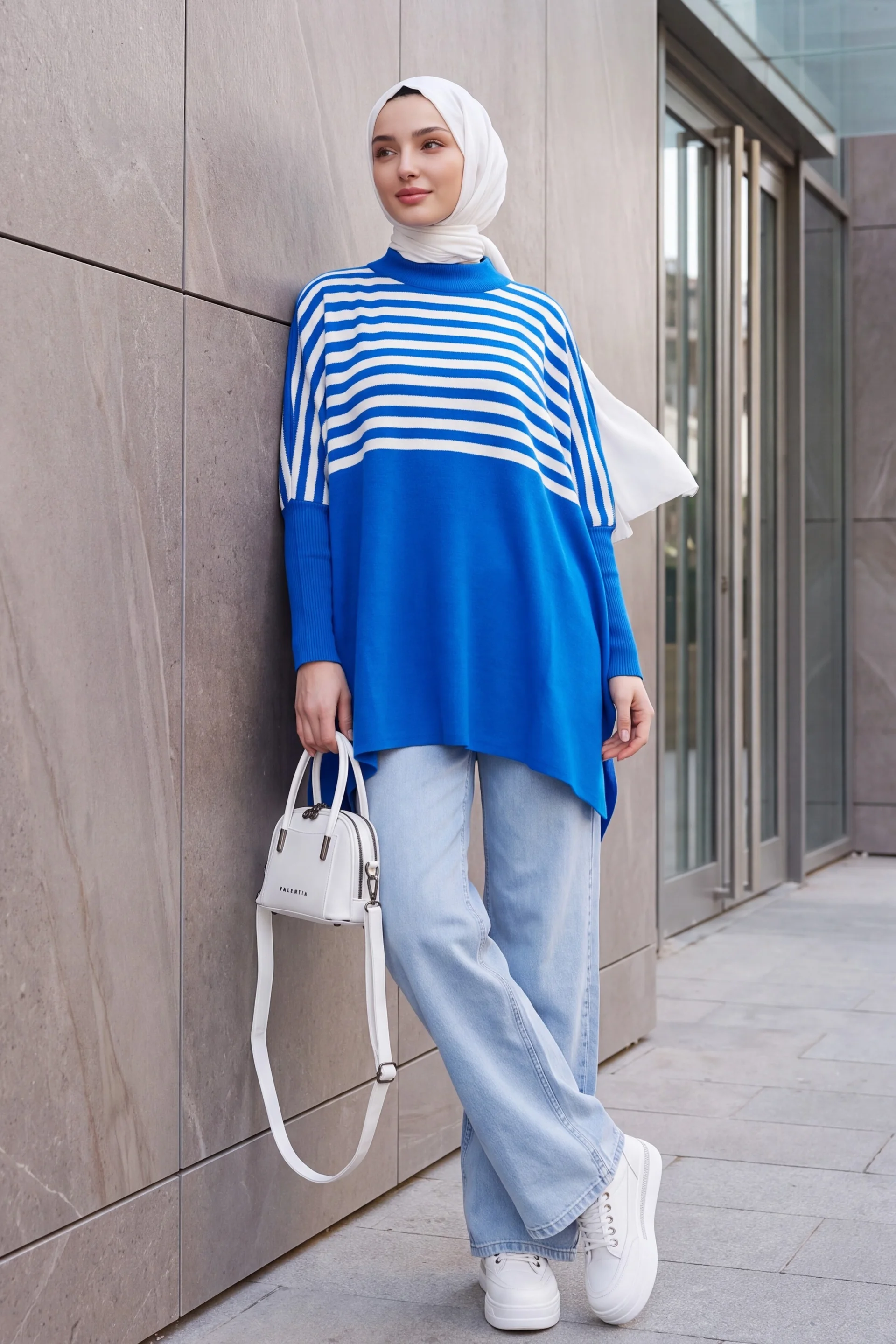 Oversize Pancho Knit Sweater with Side Slits - Blue and White Striped - Bigdart - by Peralane - photo 3