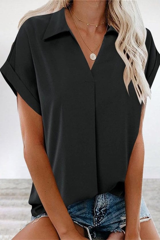 Women's Short-Sleeved V-Neck Collared Woven Viscose Blouse in Black - Janes - by Peralane