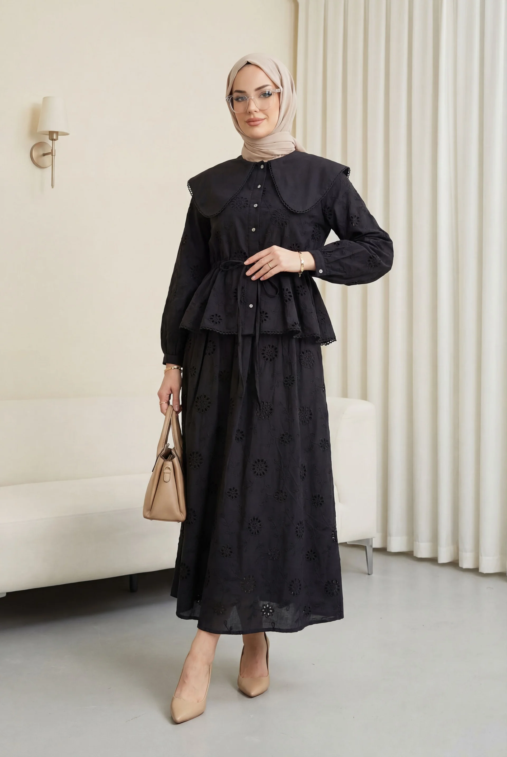 Bebe Collar Embroidered Linen Look Two Piece Set - Black - Podyumplus - by Peralane - photo 5