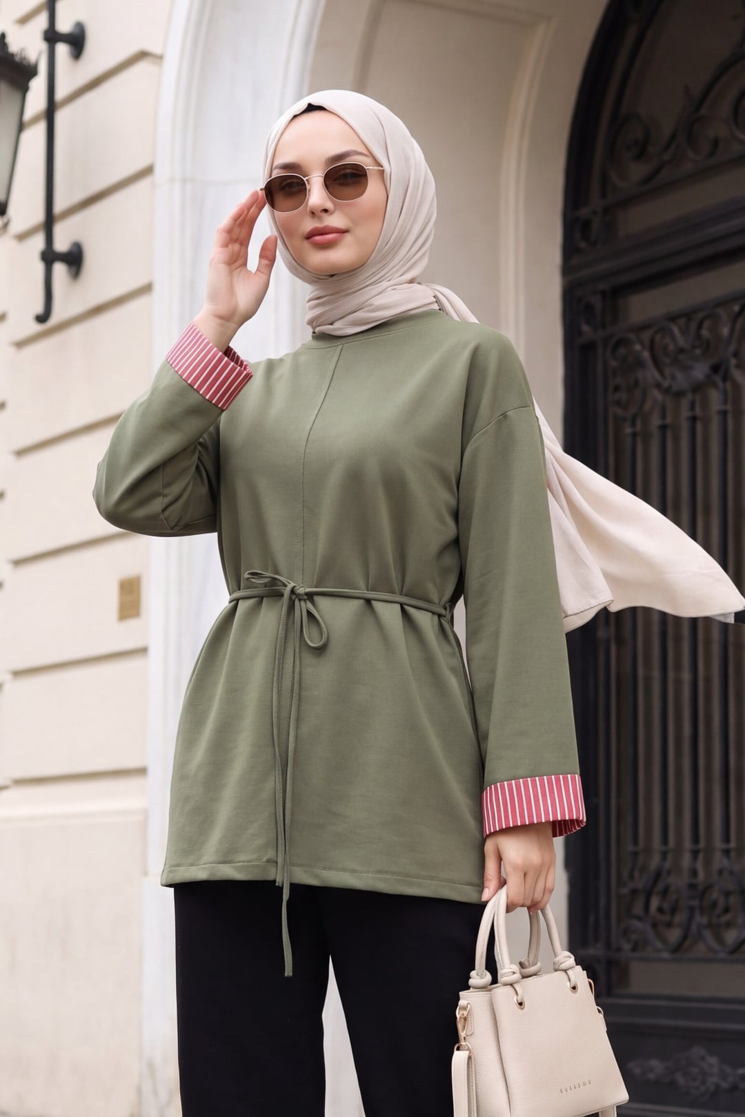 Olive Green Knit Tunic with Tie Belt and Striped Cuffs - Podyumplus - by Peralane - photo 2